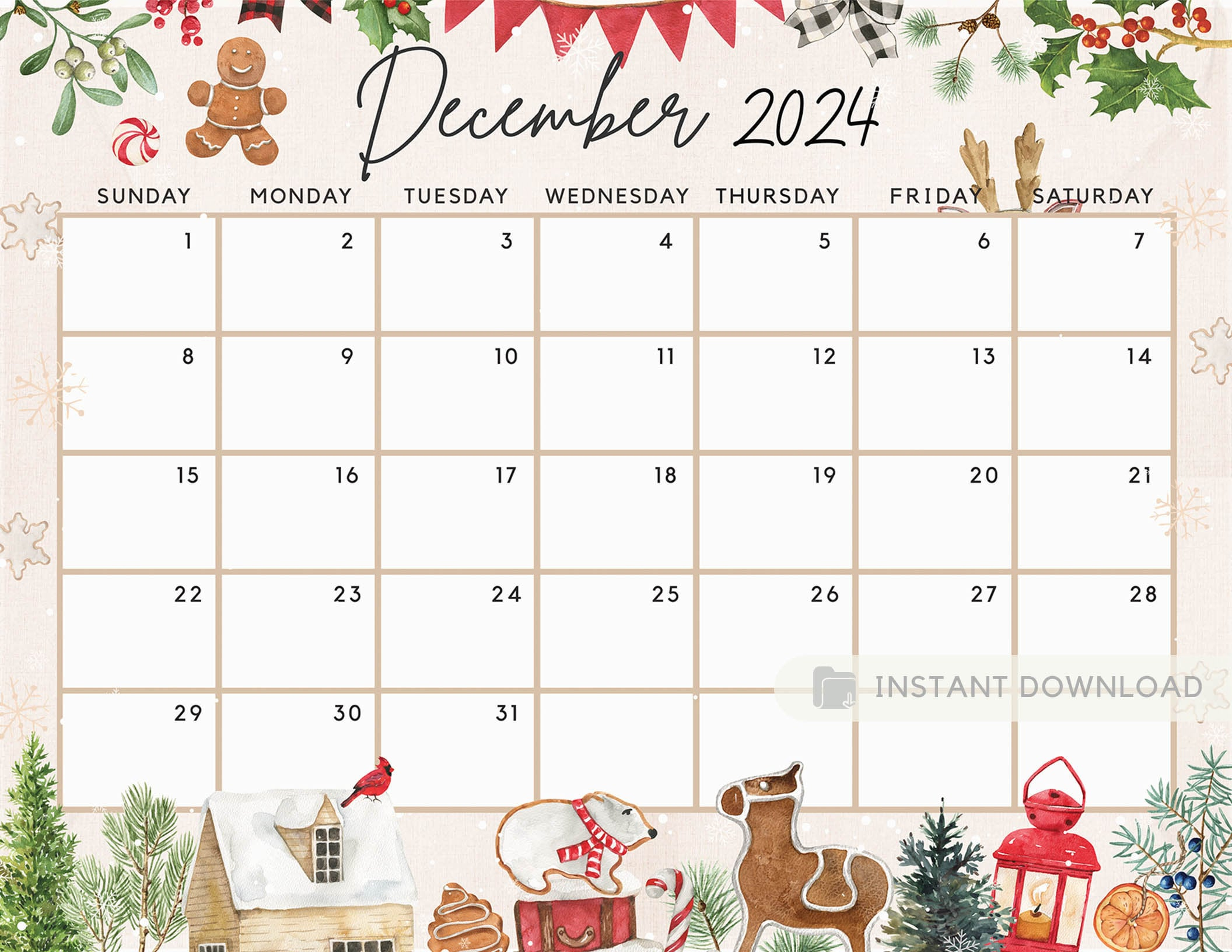 Fillable December 2024 Calendar, Cute Festive Snowy Winter | Christmas Cute December 2024 Calendar Printable