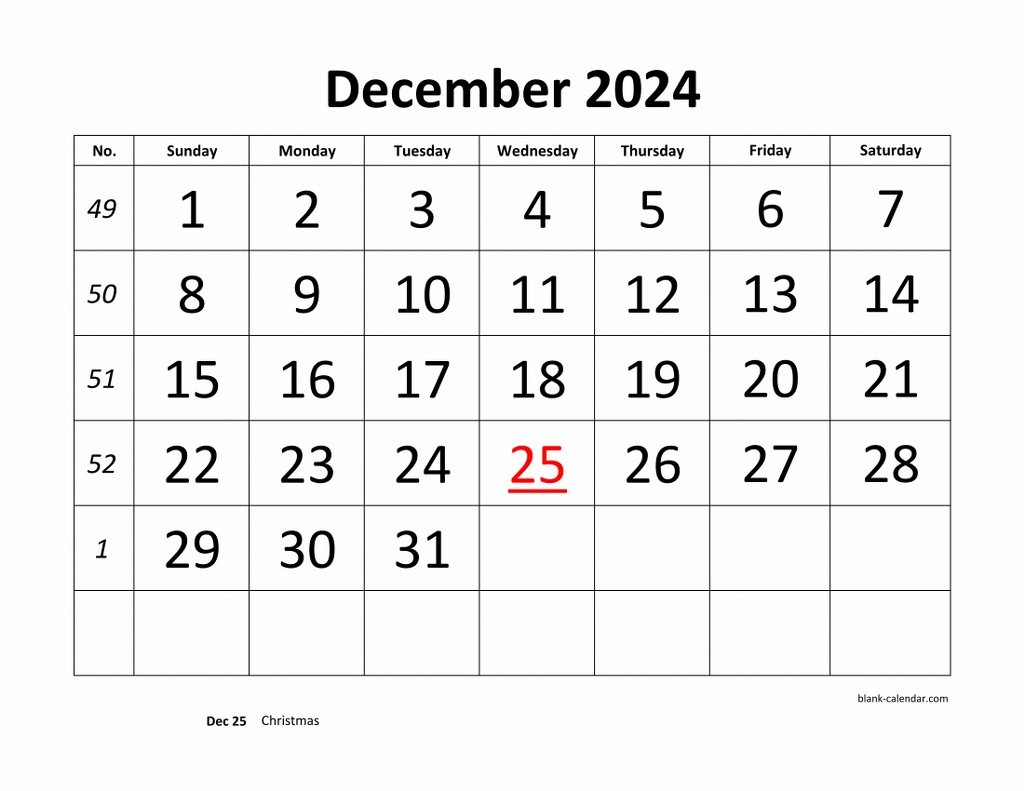 Free Download Printable December 2024 Calendar, Large Font Design | December 2024 Printable Calendar Holiday Design