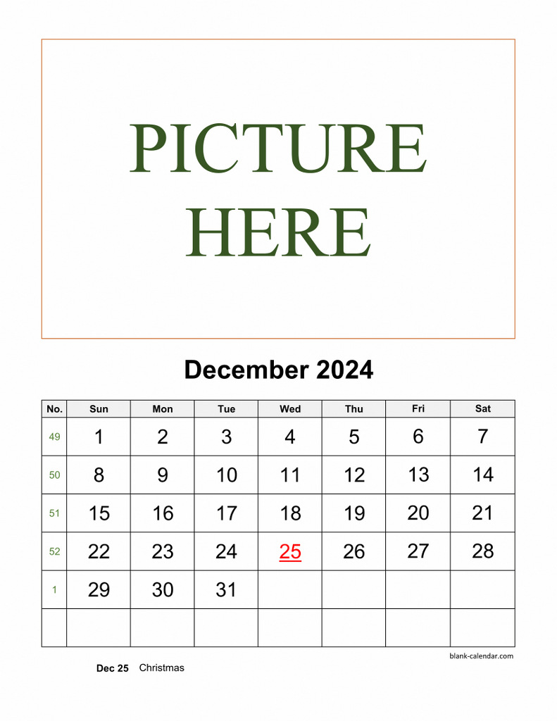 Free Download Printable December 2024 Calendar, Pictures Can Be | Blank December 2024 Portrait Calendar Printable