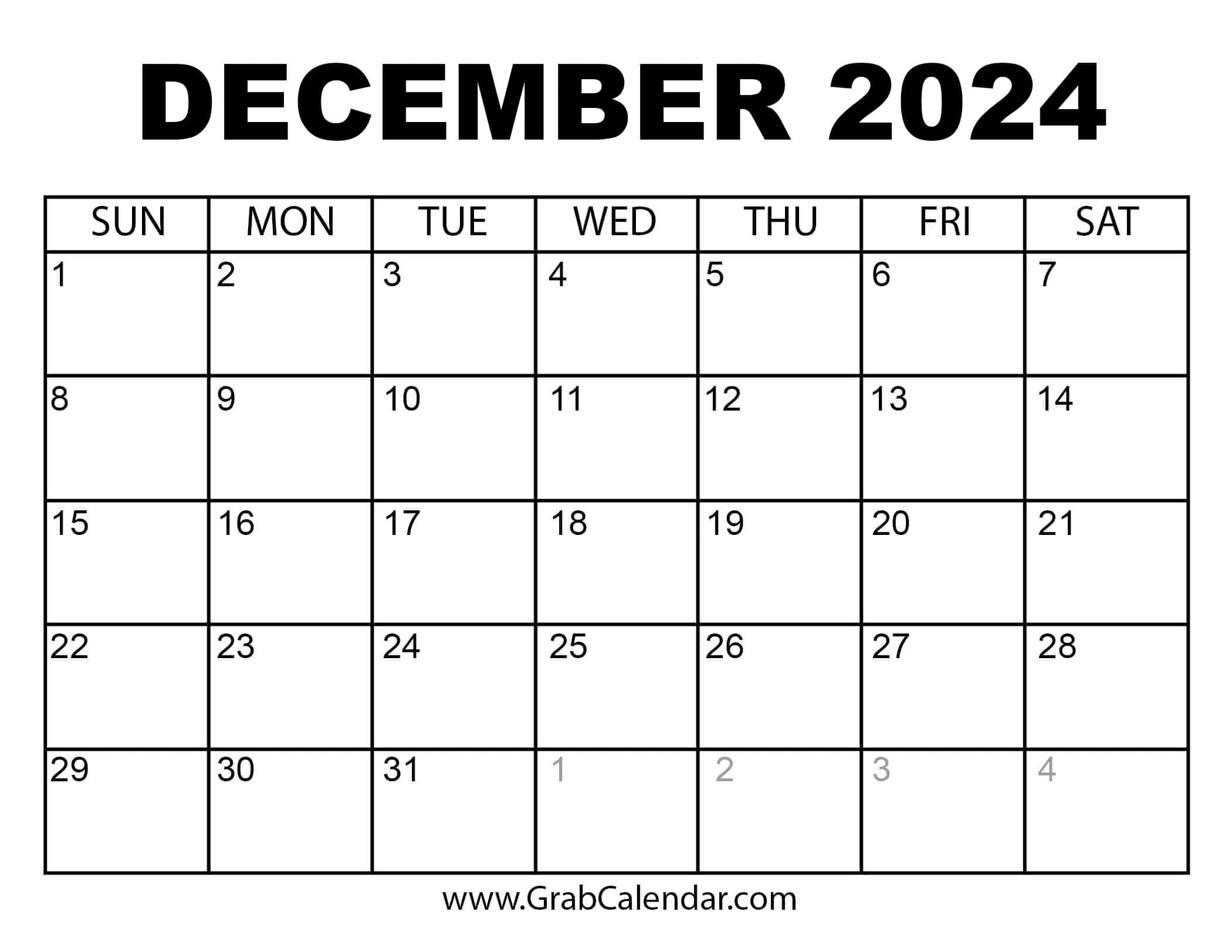 Free Printable Calendar 2024 - Grab Calendar | Large Printable Calendar December 2024