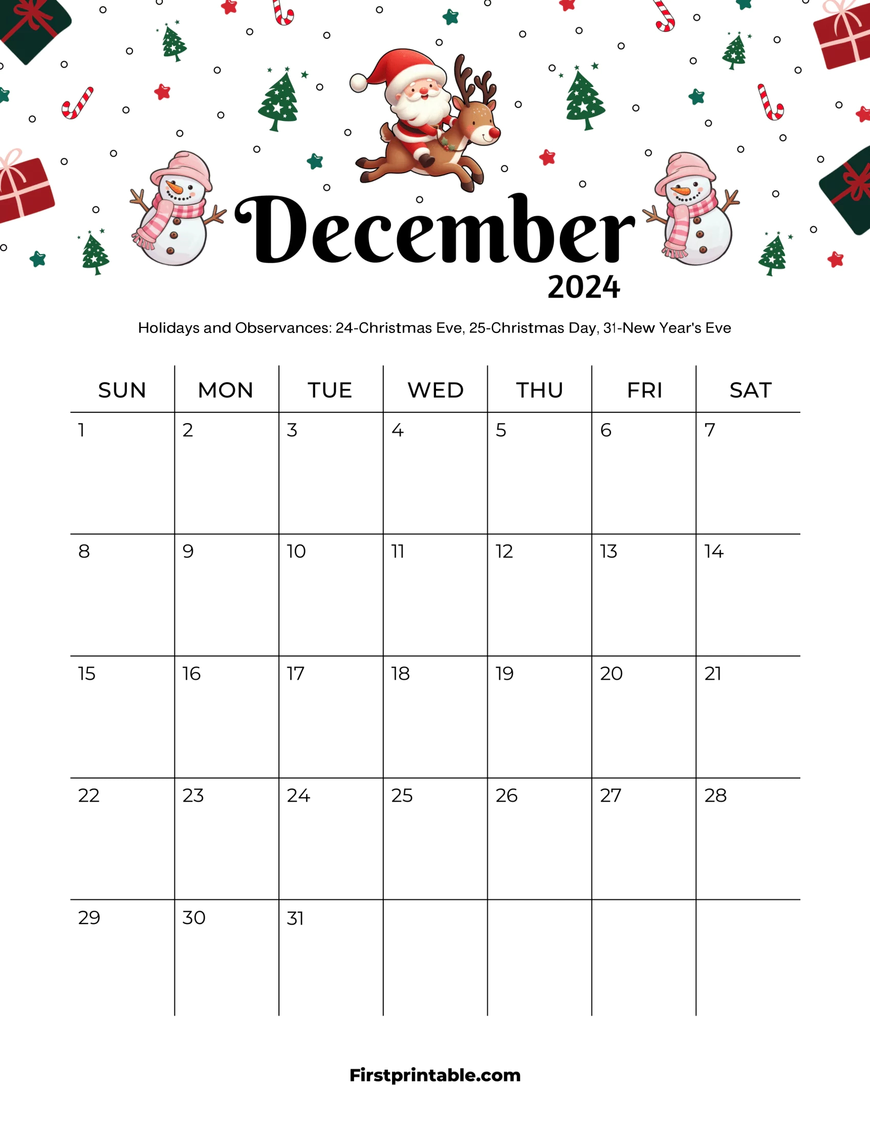 Free Printable &amp;amp; Fillable December Calendars 2024 | 2024 December Christmas Calendar Printable