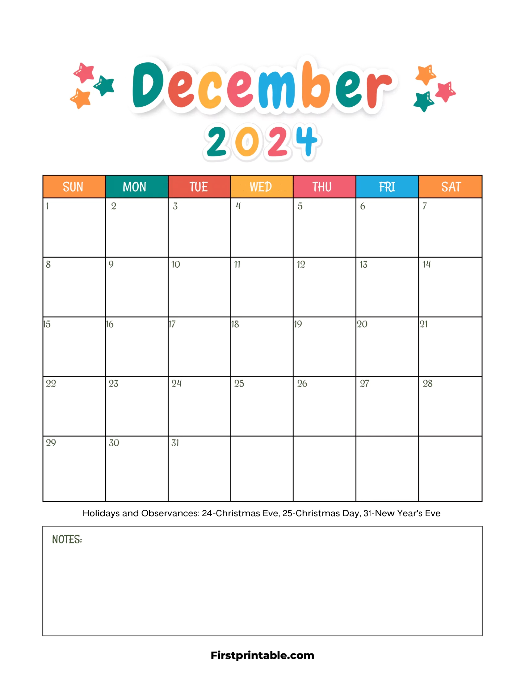 Free Printable &amp;amp; Fillable December Calendars 2024 | Blank December 2024 Calendar Printable and Children