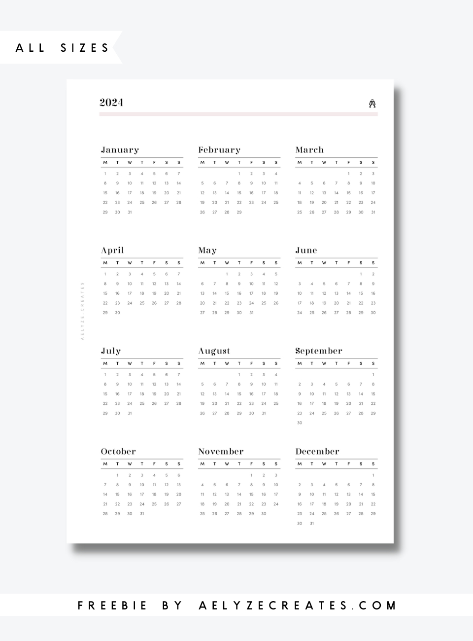 Freebie - All Sizes - 2024 Glance - Aelyzecreates | December 2024 Calendar Printable A6 Free