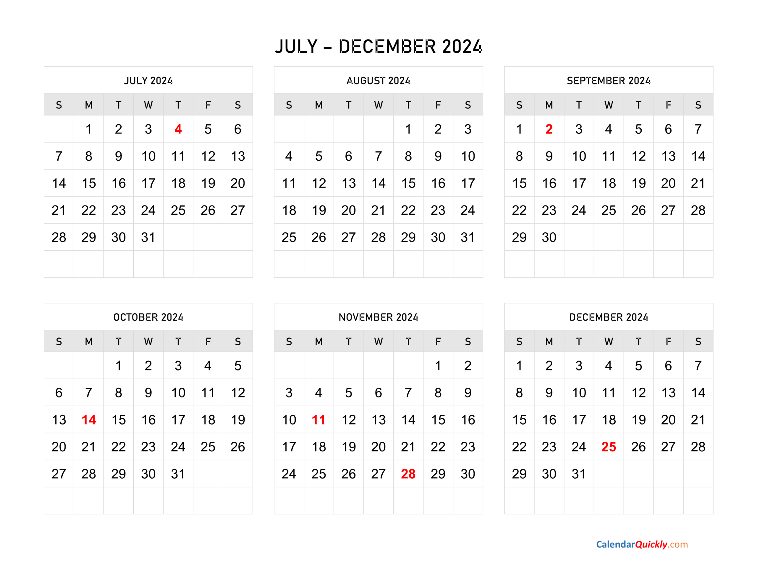 July To December 2024 Calendar Horizontal | Calendar Quickly | 2024 Calendar Printable July to December