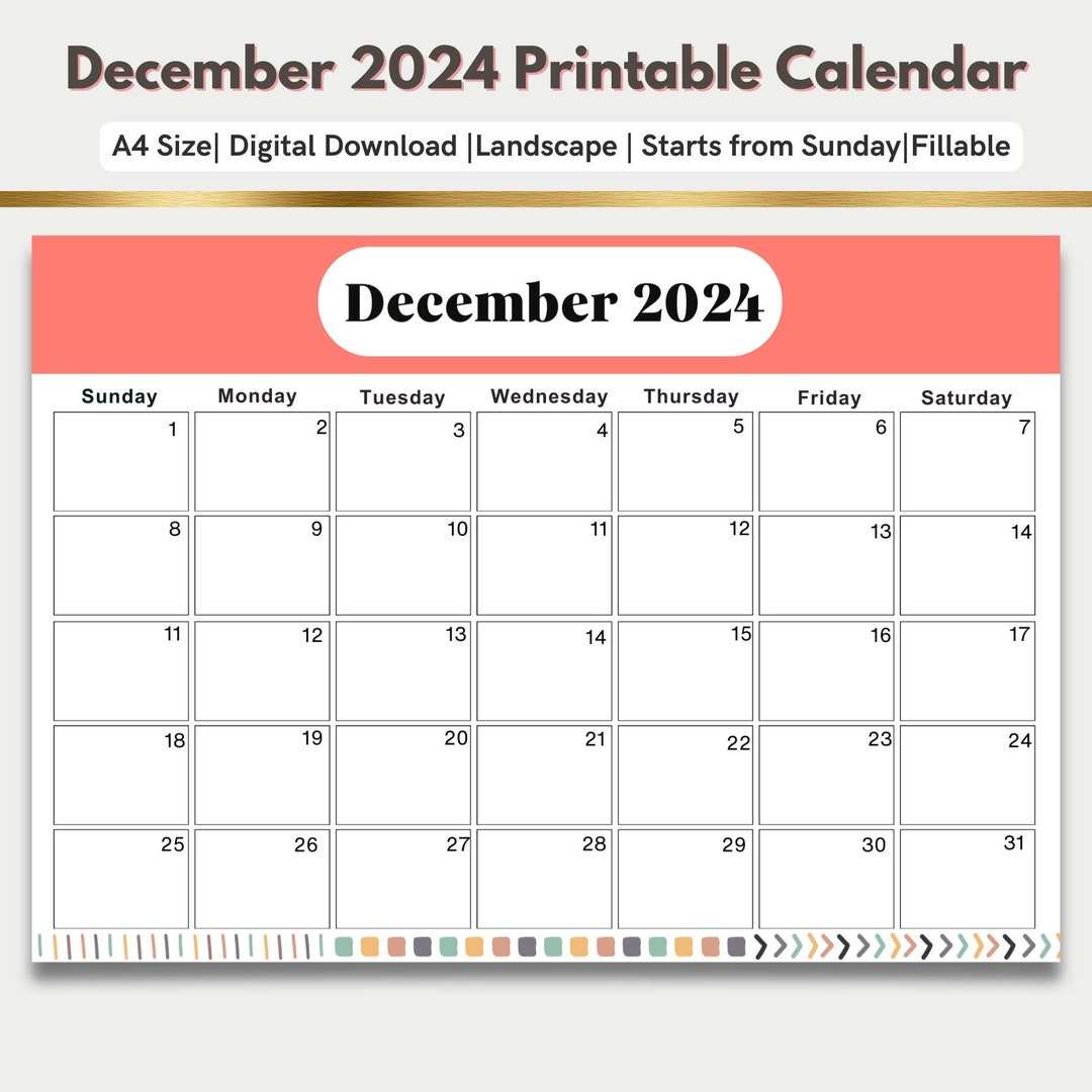 Kalender Für Dezember 2024,Größe A4,Pdf,Monatskalender,2024 Jahresendkalender,Pdf,Digitaler Download - Etsy.de | December 2024 Calendar Printable A4