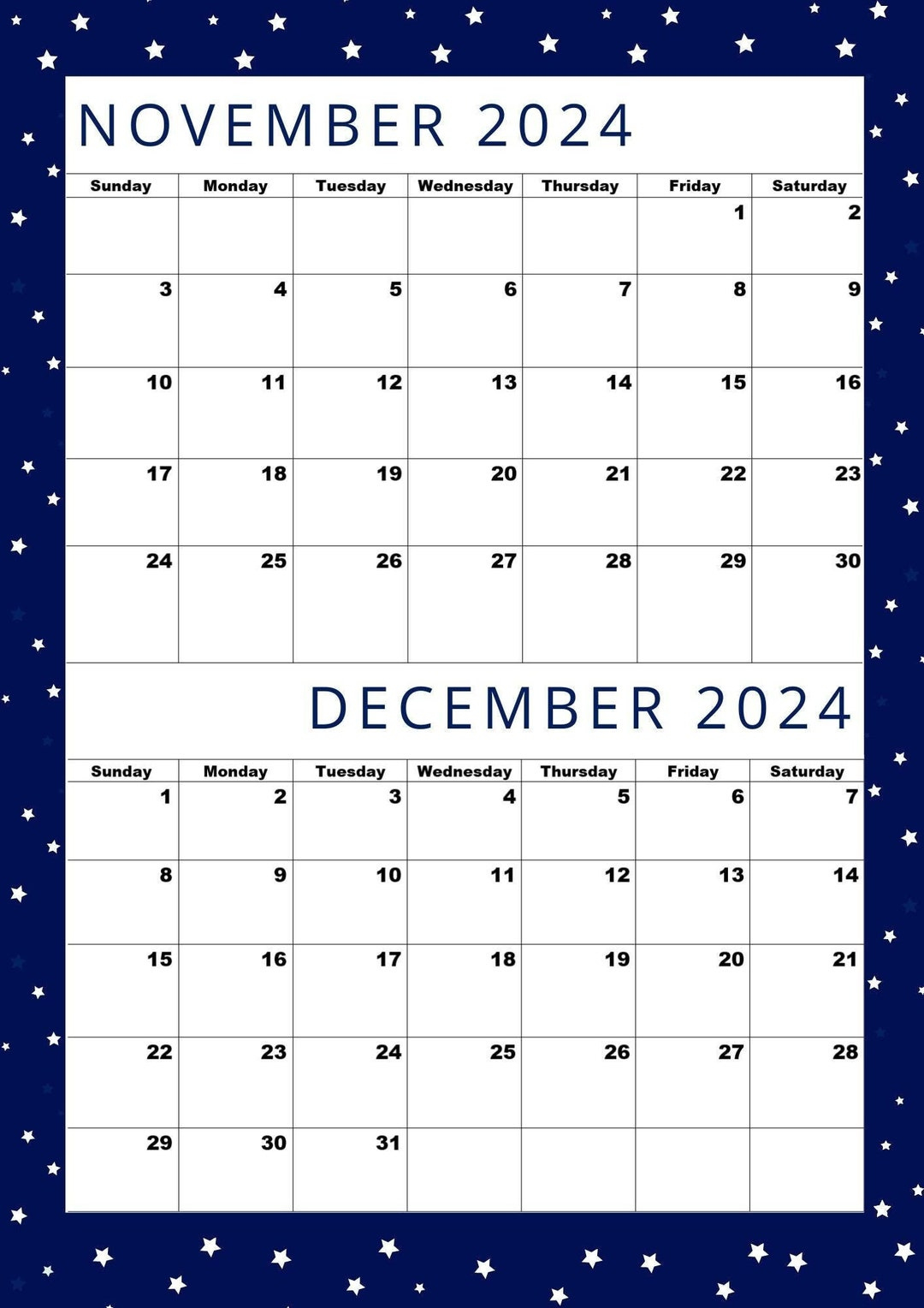 Kalender Für November Und Dezember 2024, Größe A4, Pdf, Druckbarer | Calendar Printable November December 2024