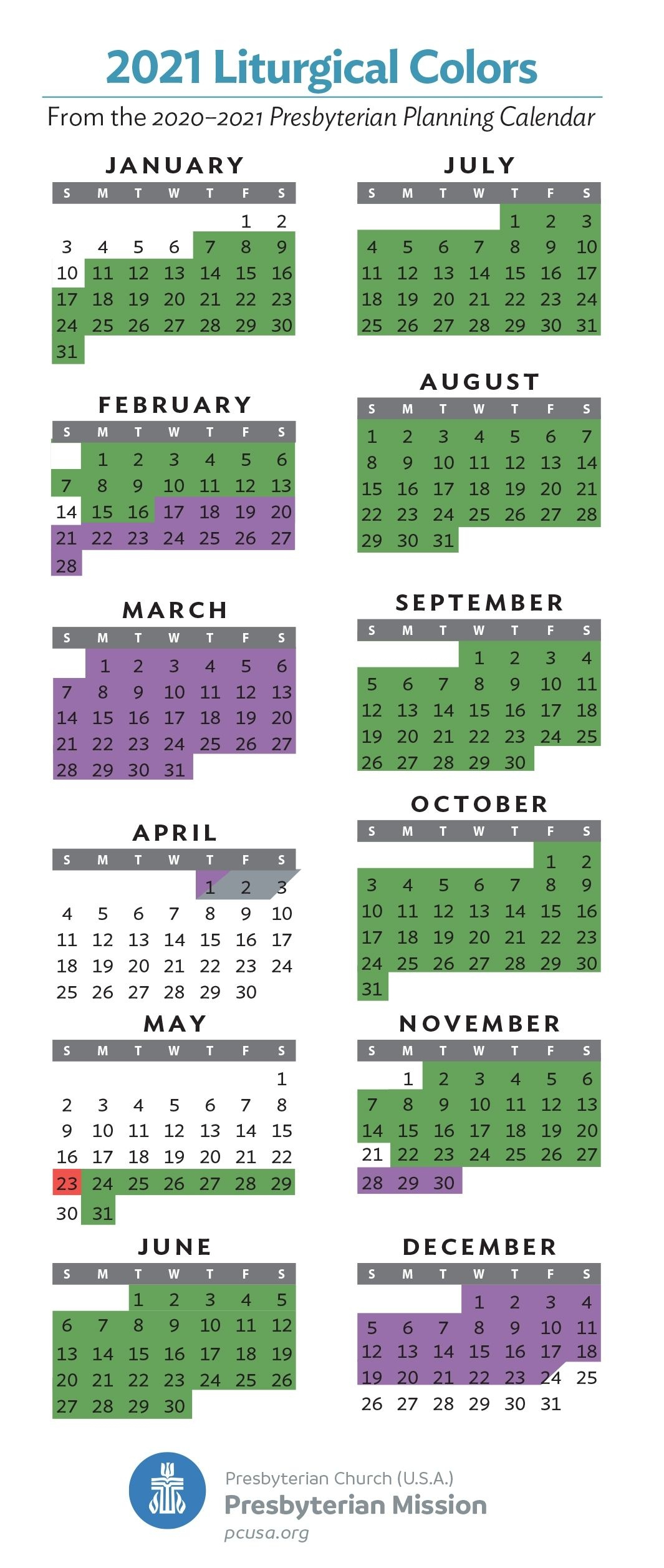 Liturgical Calendar Colors 2021 | 2024 Presbyterian Planning Calendar Printable July December