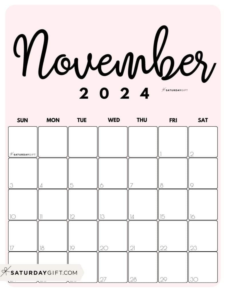 November 2024 Calendar - 20 Cute &amp;amp; Free Printables | Saturdaygift | Cute Printable November And December 2024 Calendar