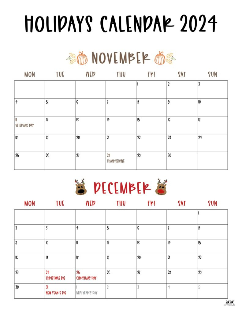 November December 2024 Calendars - 28 Printables | Printabulls | 2 Month Printable Calendar For November December 2024