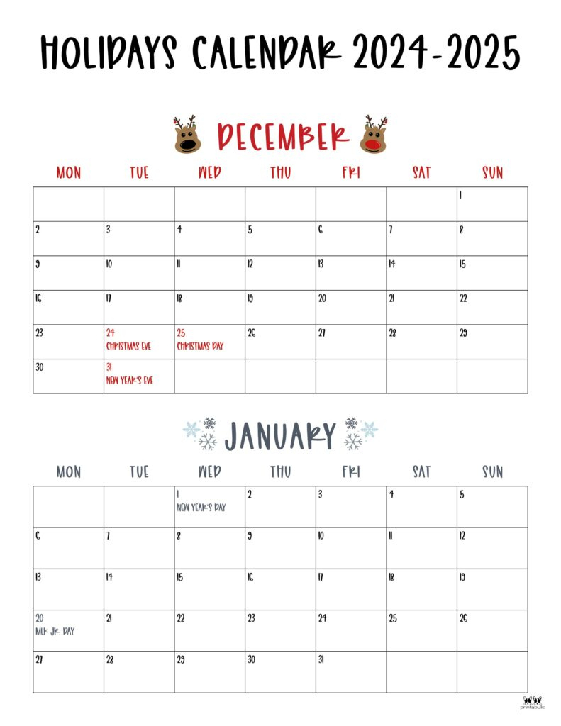 November December 2024 Calendars - 28 Printables | Printabulls | Calendar December 2024 and January 2025 Printable