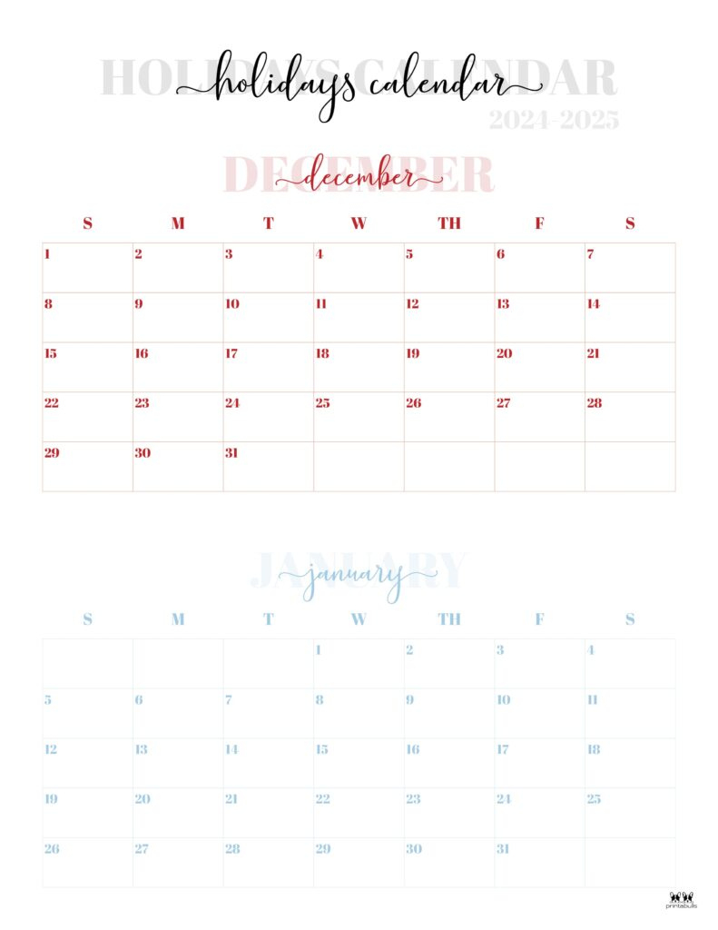 Calendar End of December 2024 and Beginning of January 2025 Printable