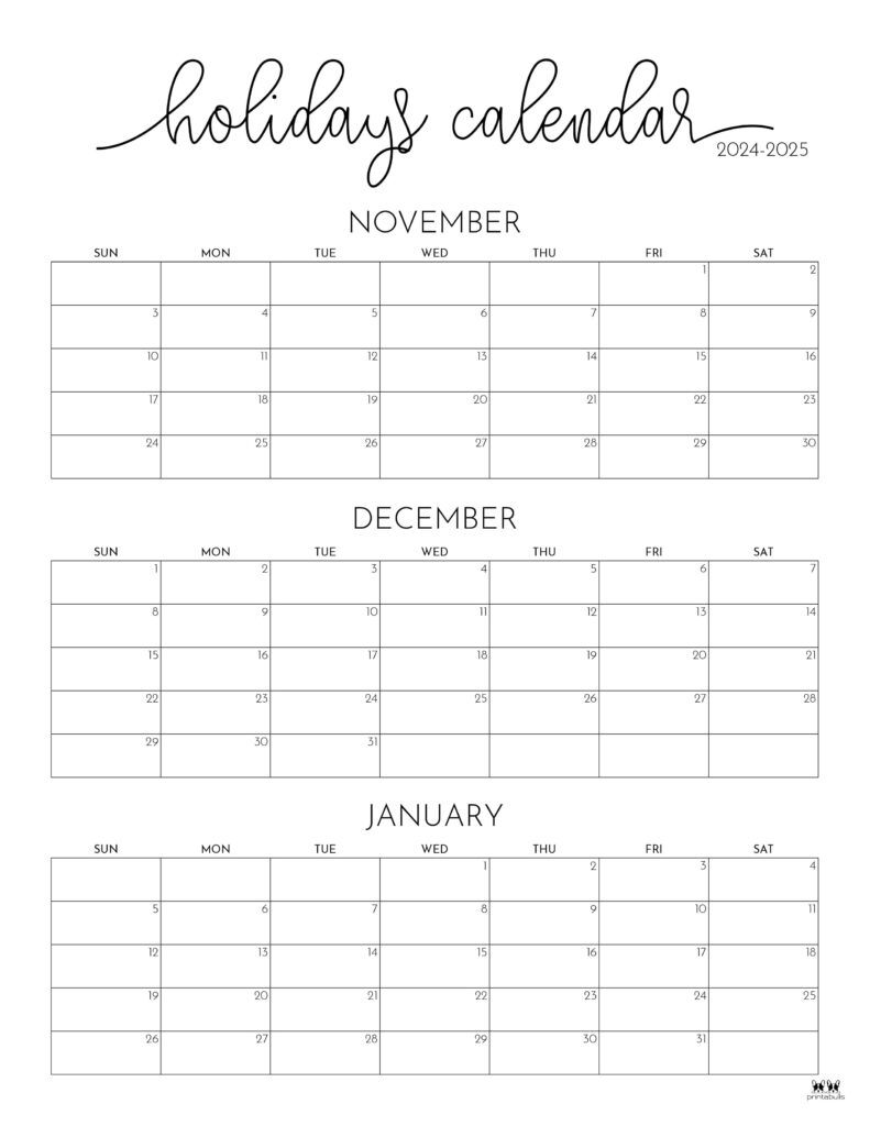 November December 2024 Calendars - 28 Printables | Printabulls | Calendar November 2024 December 2024 January 2025 Printable