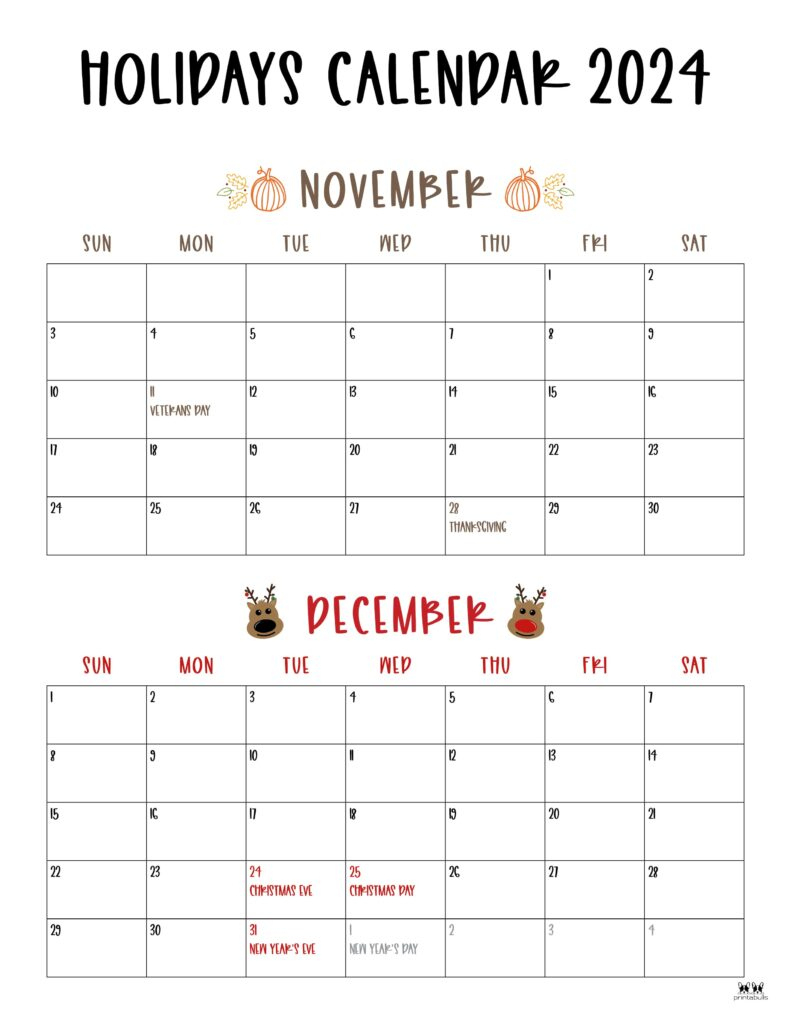 November December 2024 Calendars - 28 Printables | Printabulls | Cute Printable November And December 2024 Calendar