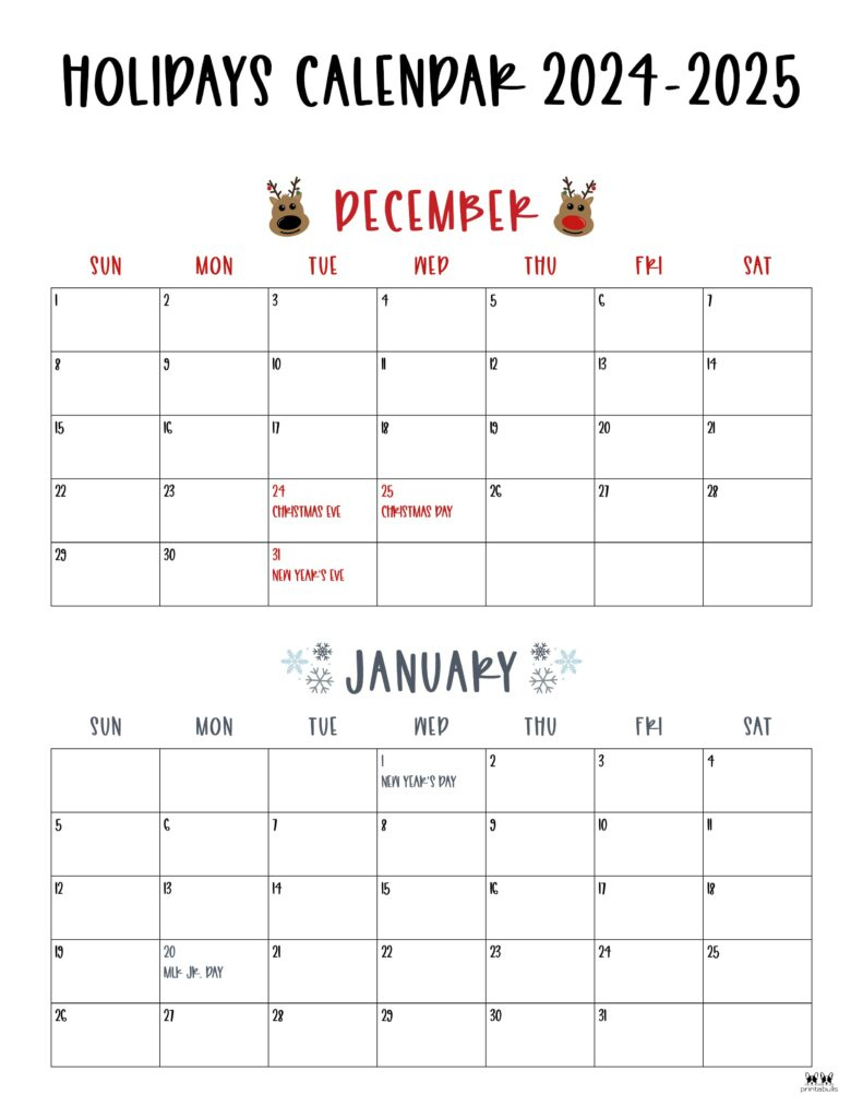 November December 2024 Calendars - 28 Printables | Printabulls | December 2024 January 2025 Printable Calendar