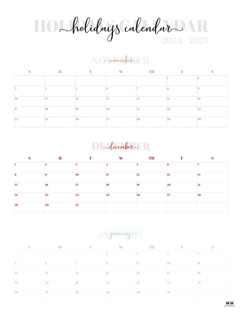 November December 2024 Calendars - 28 Printables | Printabulls | November December 2024 January 2025 Calendar Printable