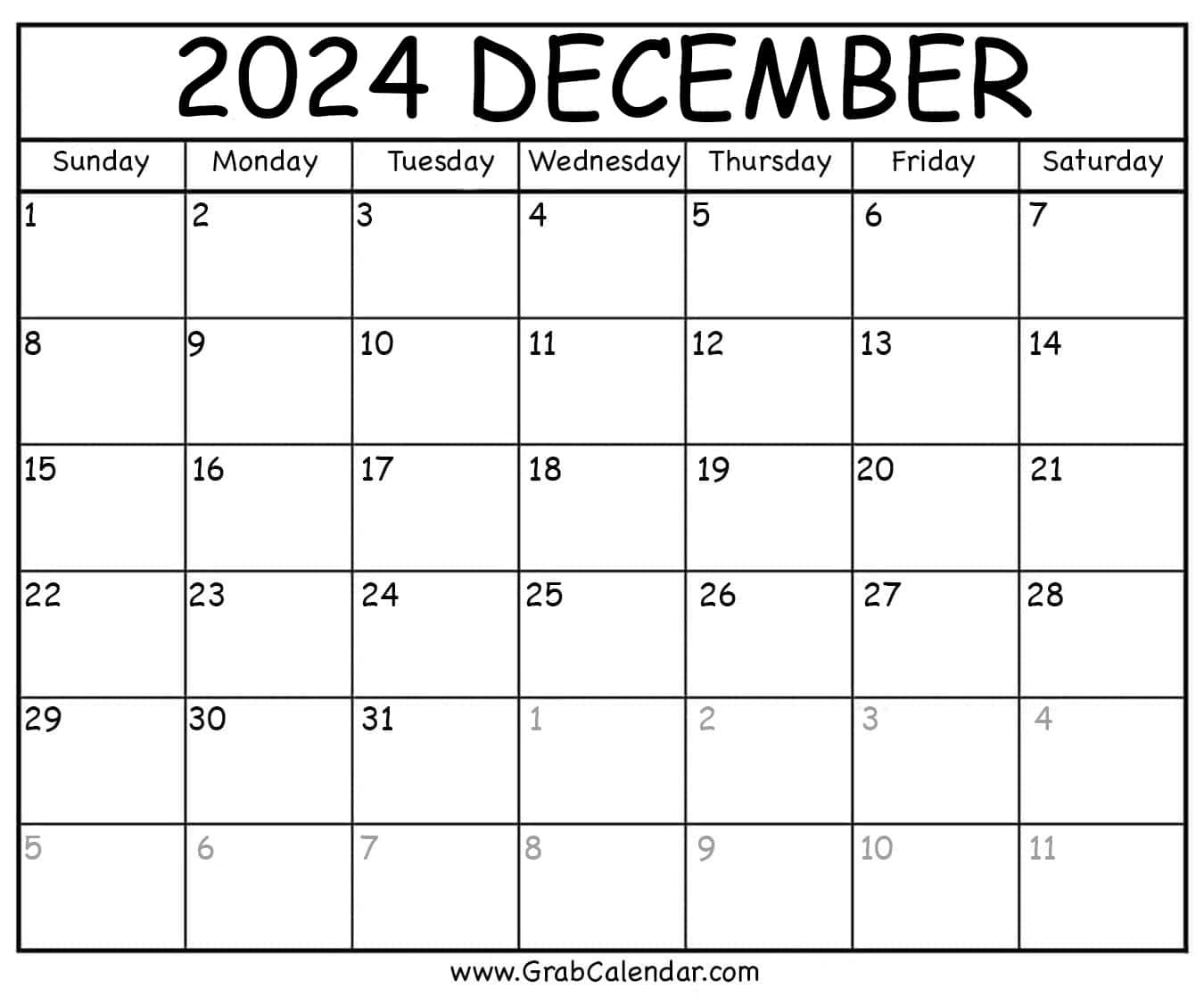 Printable December 2024 Calendar | December 2024 Calendar Numbers Printable