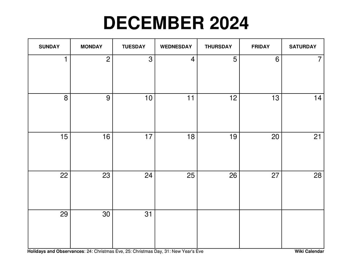 Printable December 2024 Calendar Templates With Holidays | December 2024 Calendar Printable Small