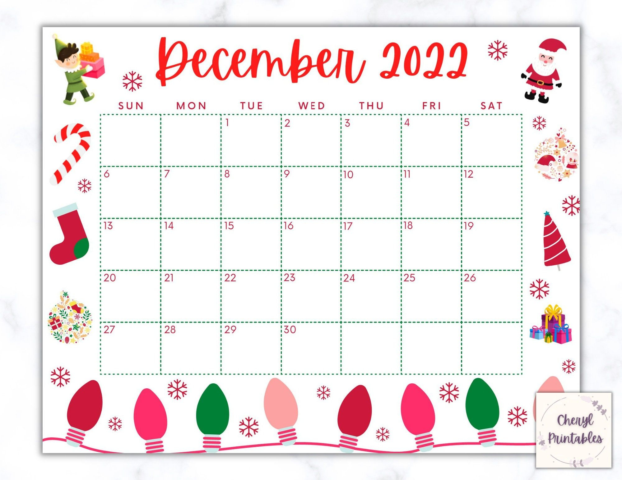 Printable December Calendar 2024, Christmas Calendar, Holiday | Christmas Cute December 2024 Calendar Printable