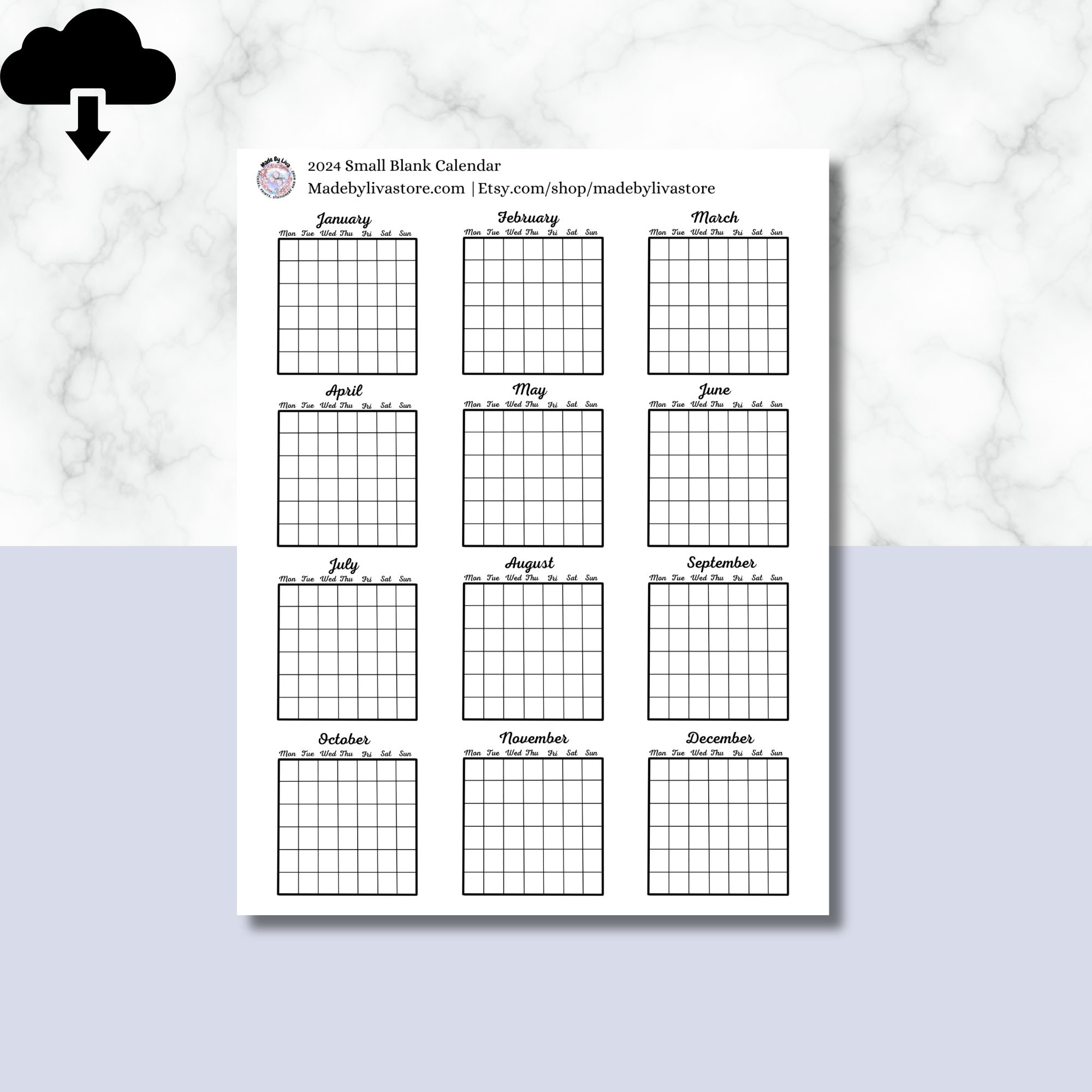 Small Monthly Calendar Printable 2024, Digital Download Calendar | 2024 December Printable Calendar Waterproof