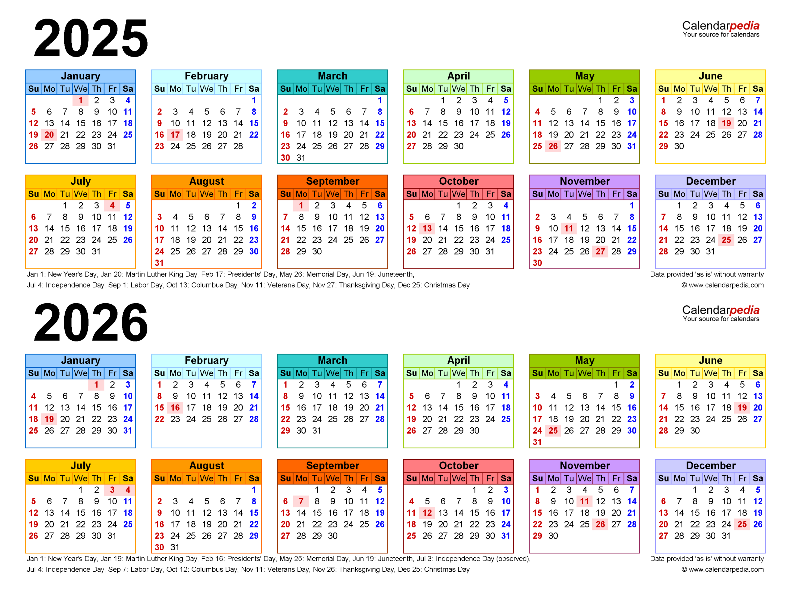 2025 and 2026 Calendar with Holidays Printable Free Printable