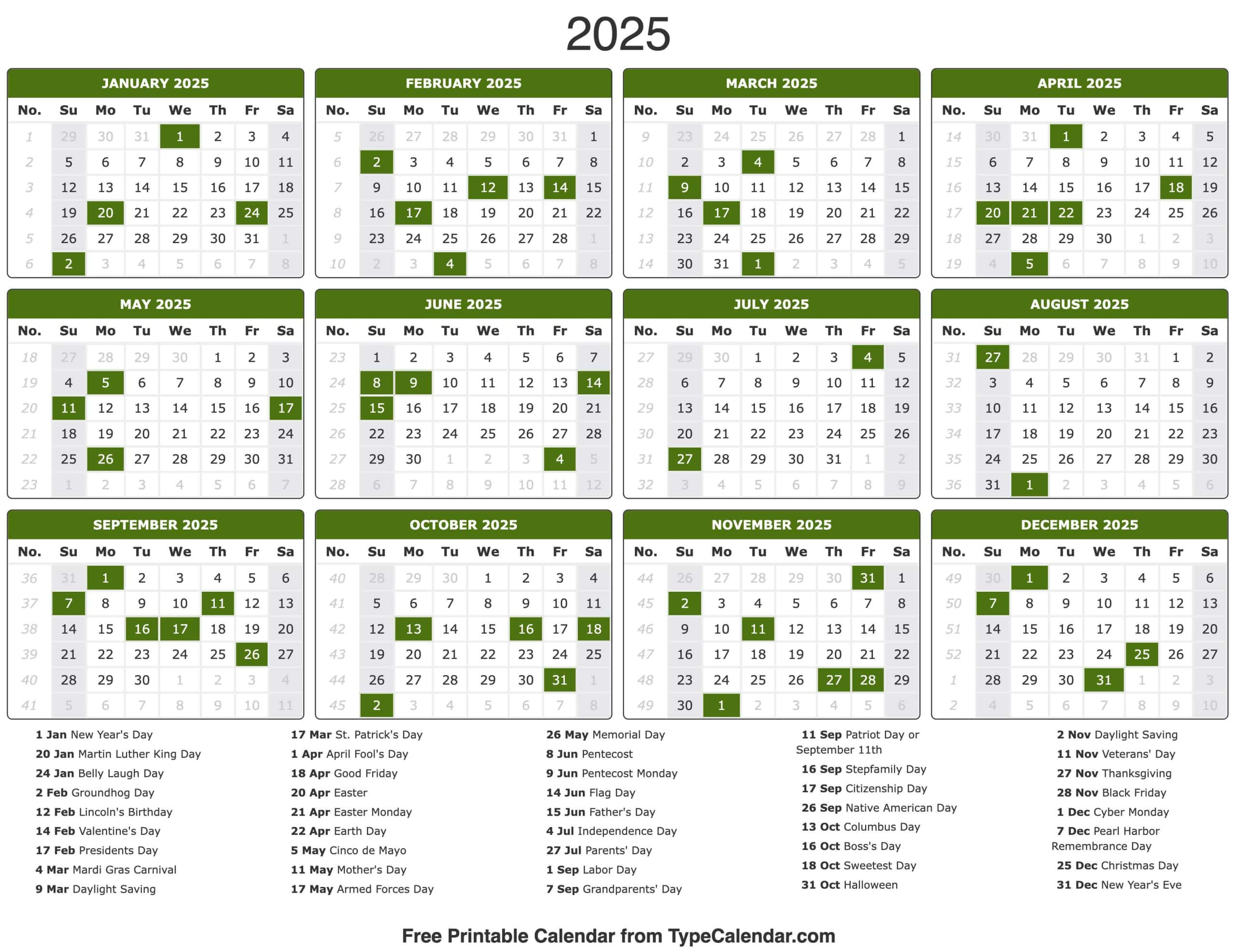 Year Calendar With Holidays Printable Printable Calendar