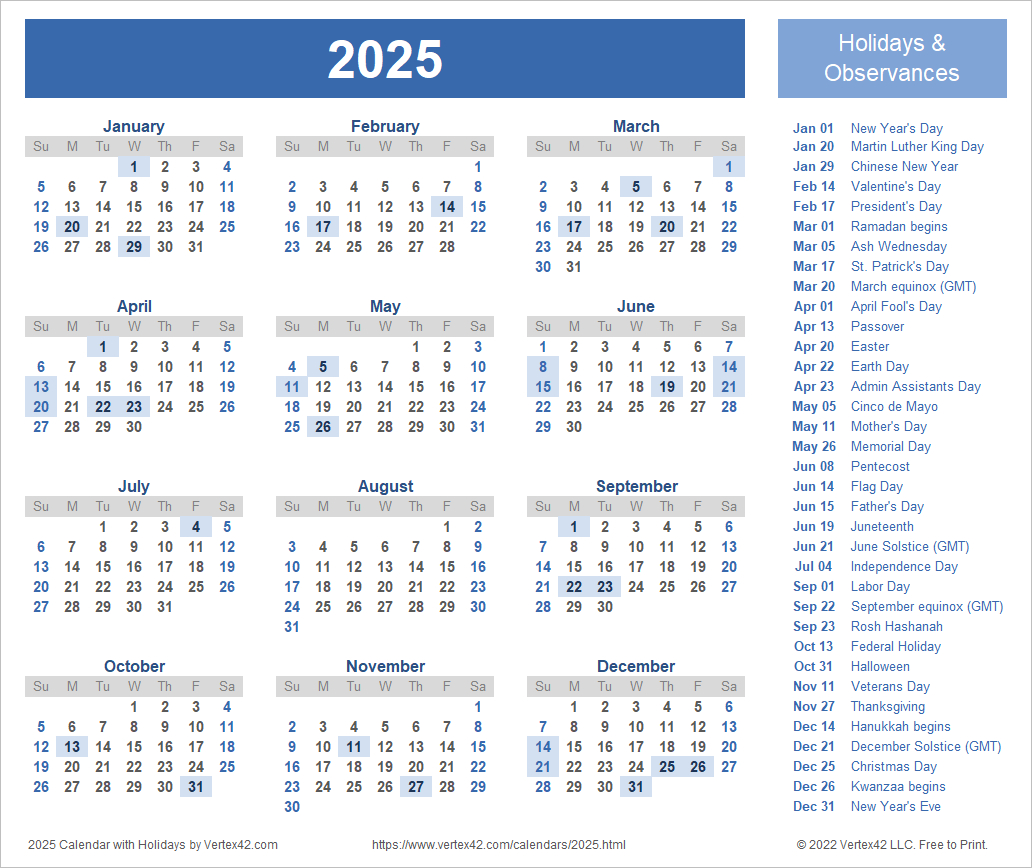 Google Calendar 2025 with Holidays Printable Printable Calendar 2025