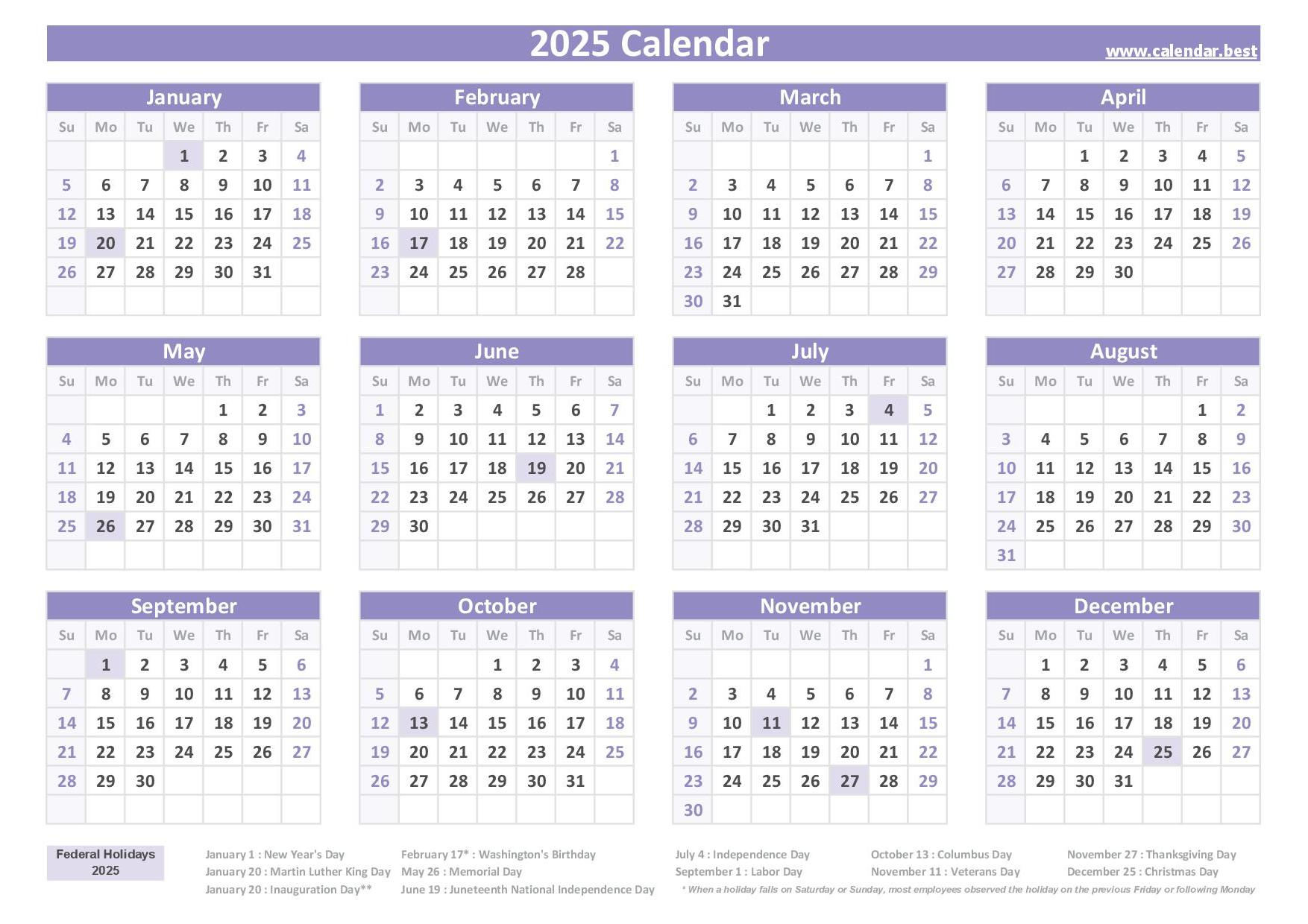 Calendar 2025 With Federal Holidays 