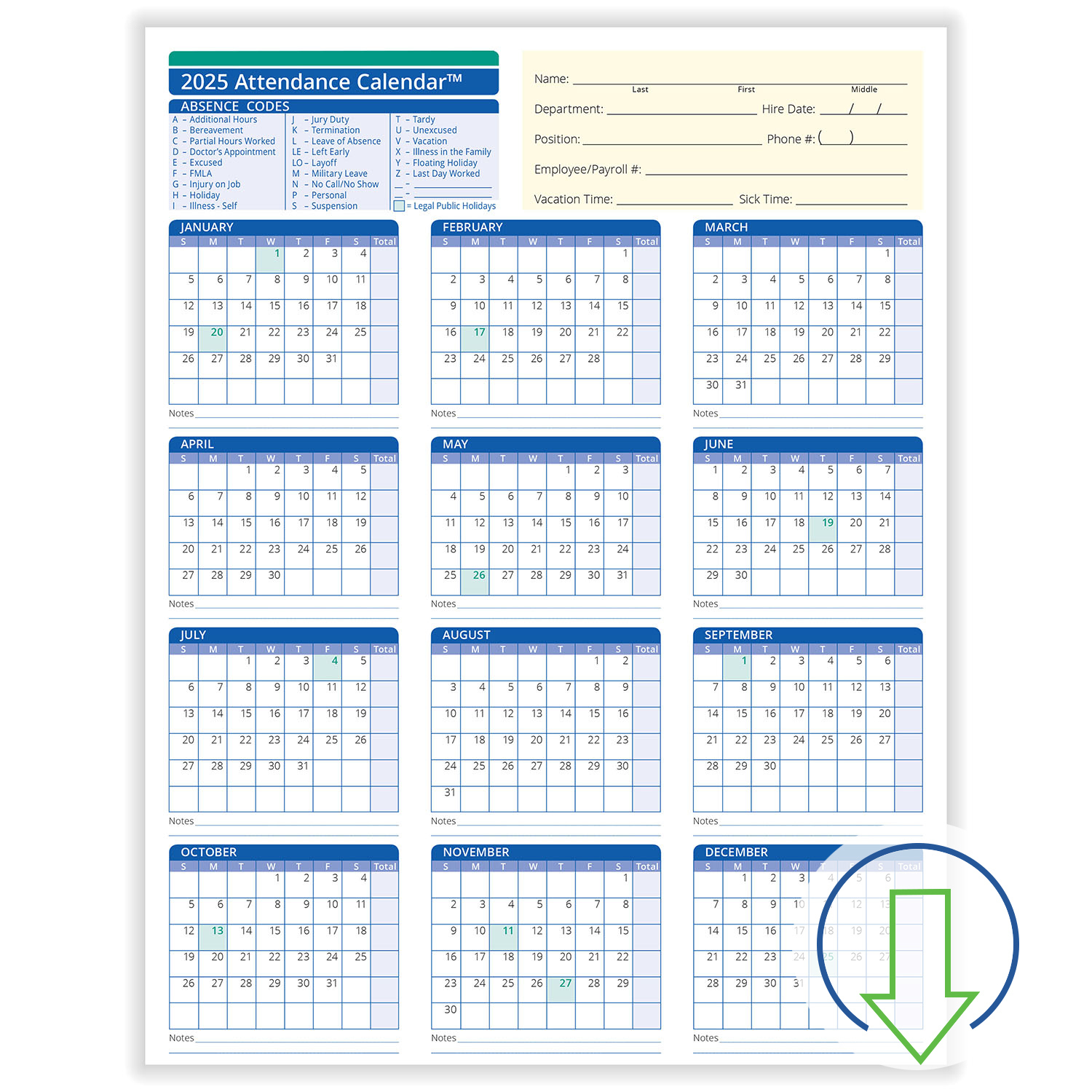 Free 2025 Attendance Calendar Printable Calendar 2025