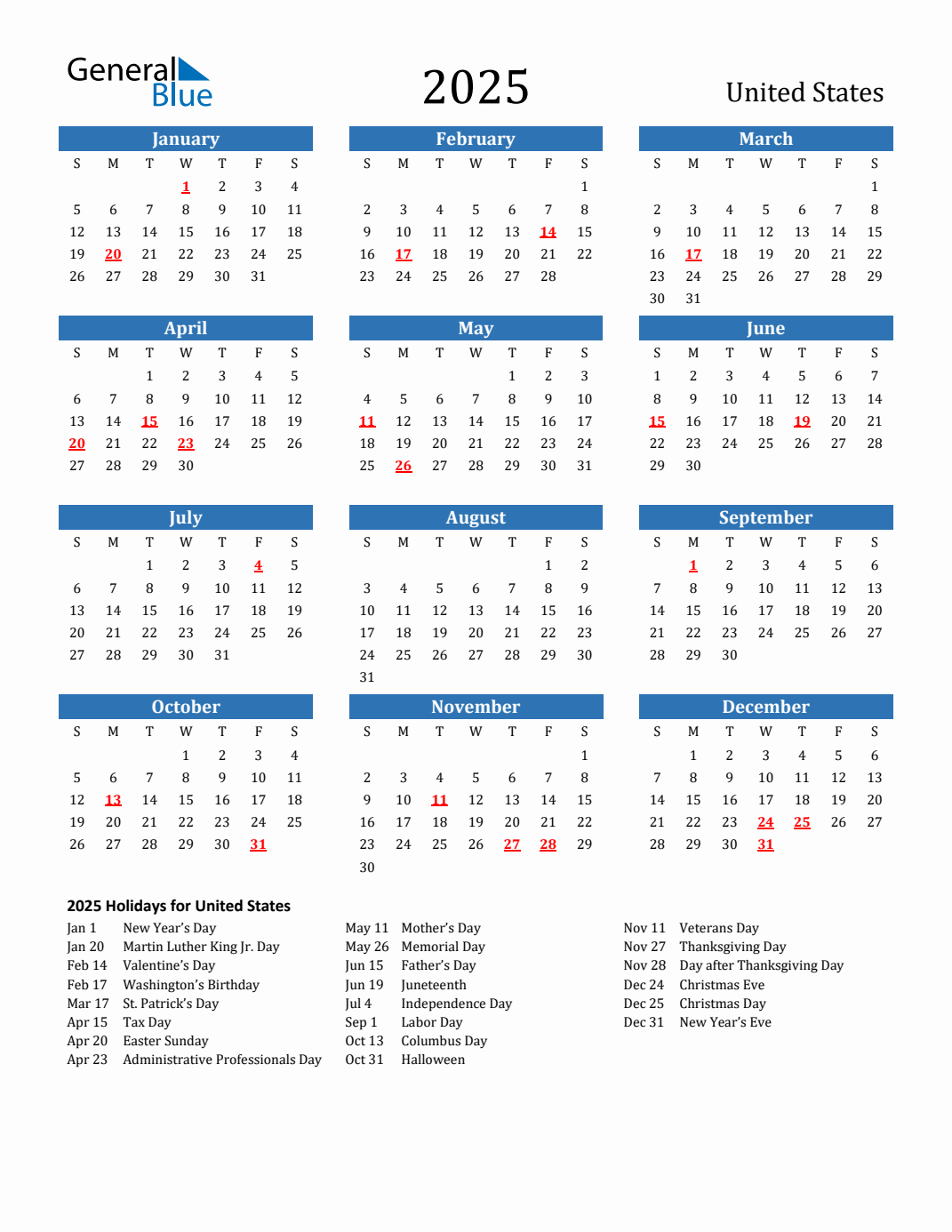 2025 Calendar Free Printable with Holidays Printable Calendar 2025