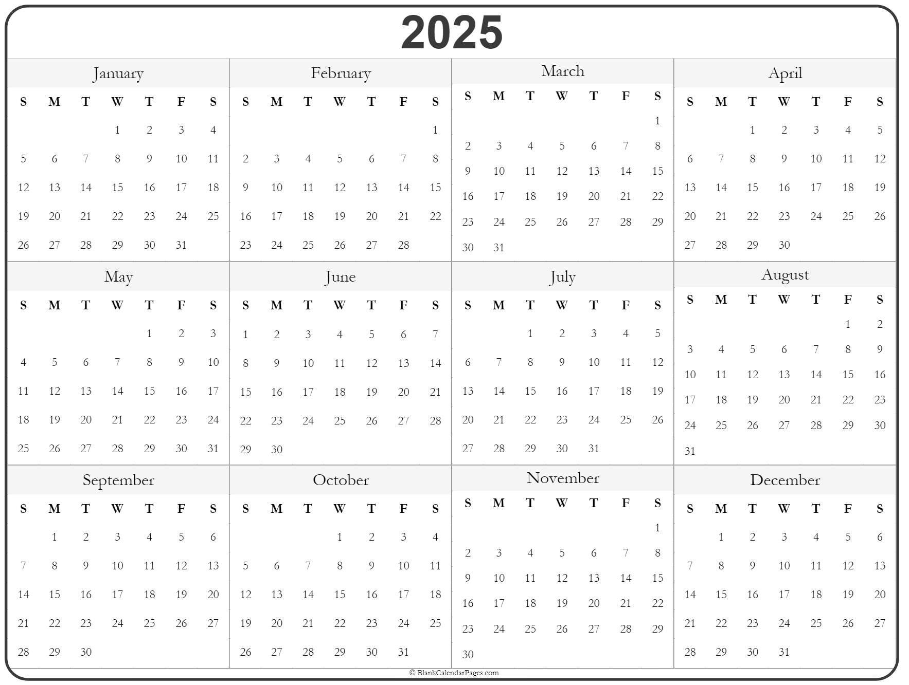 2025 Yearly Printable Calendar Printable Calendar 2025