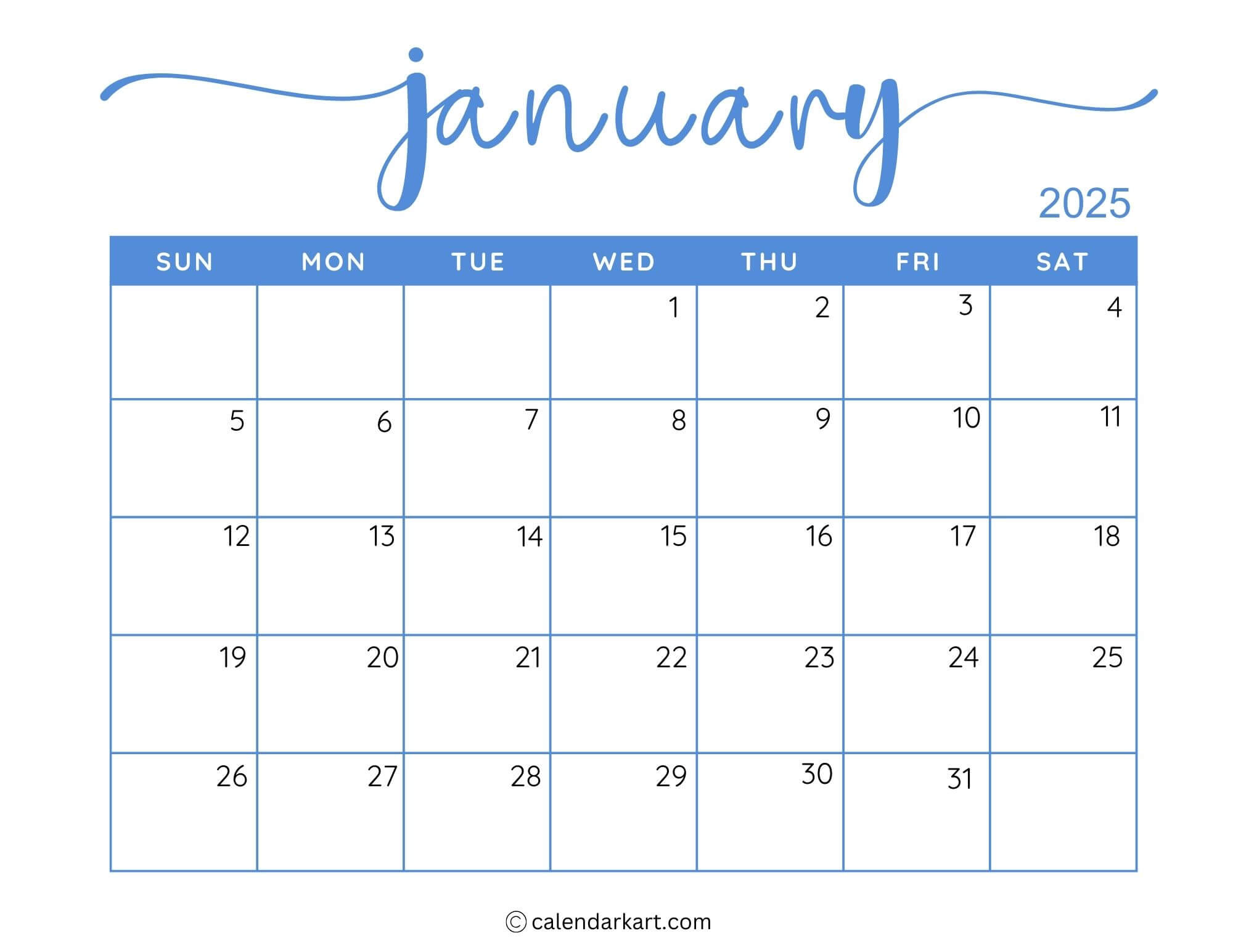 40+ Printable January 2025 Calendars | Free Pdf - Calendarkart | January 2025 Calendar Printable Edit