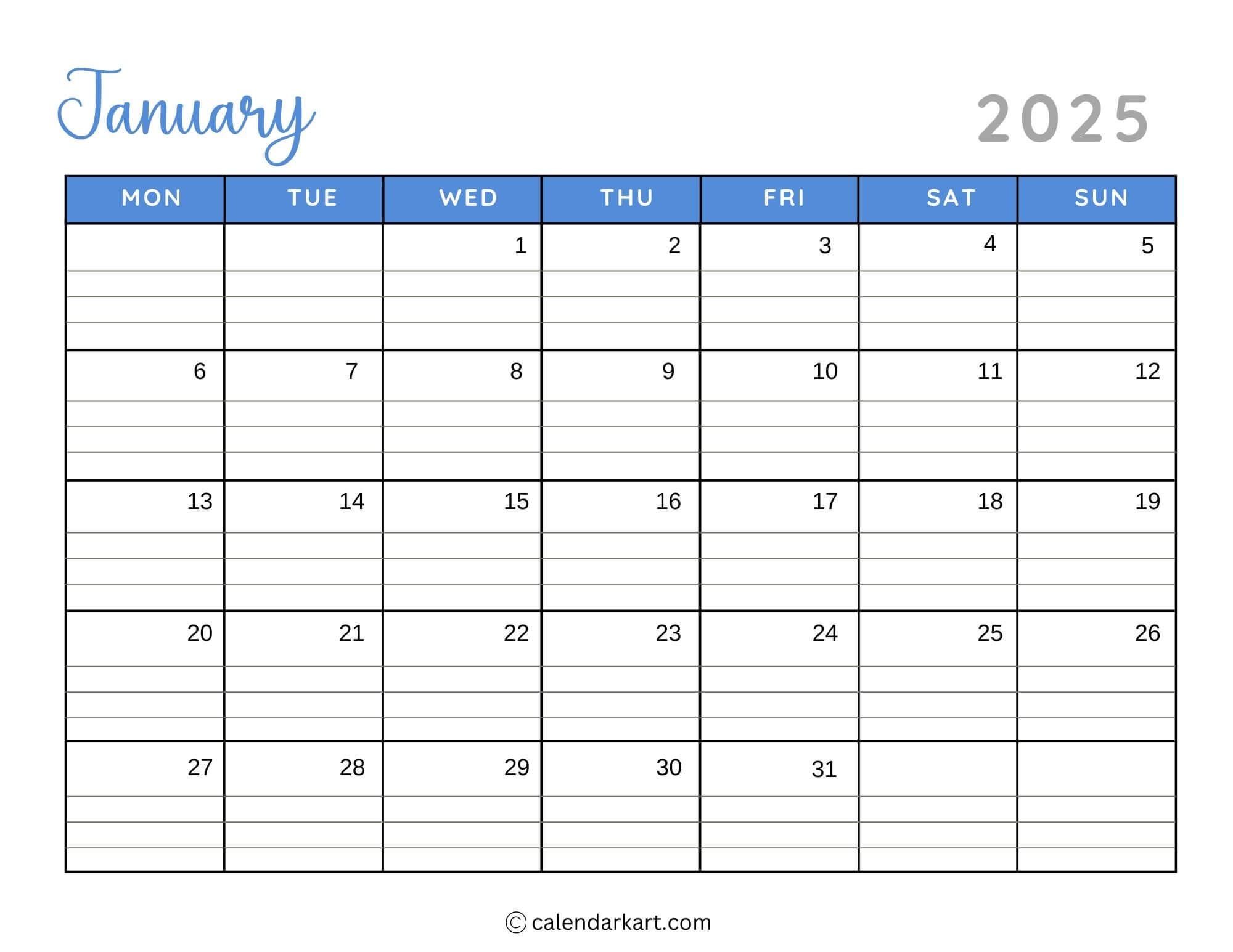 40+ Printable January 2025 Calendars | Free Pdf - Calendarkart | January 2025 Calendar Printable Monday Start