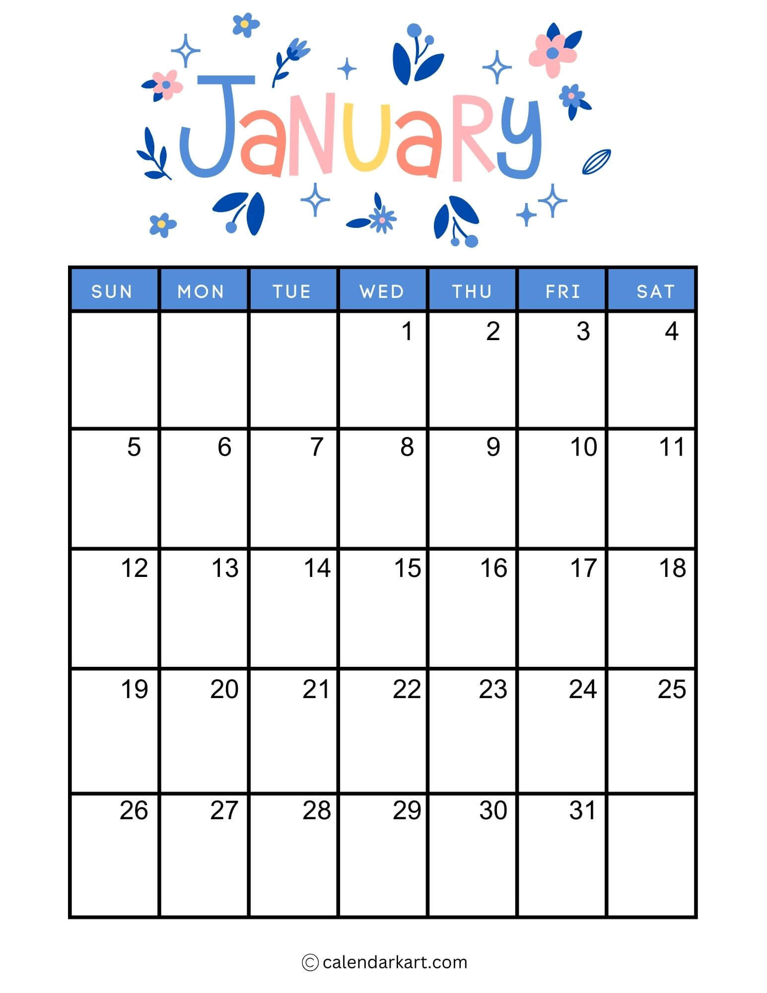 40+ Printable January 2025 Calendars | Free Pdf - Calendarkart | January 2025 Calendar Printable Vertical