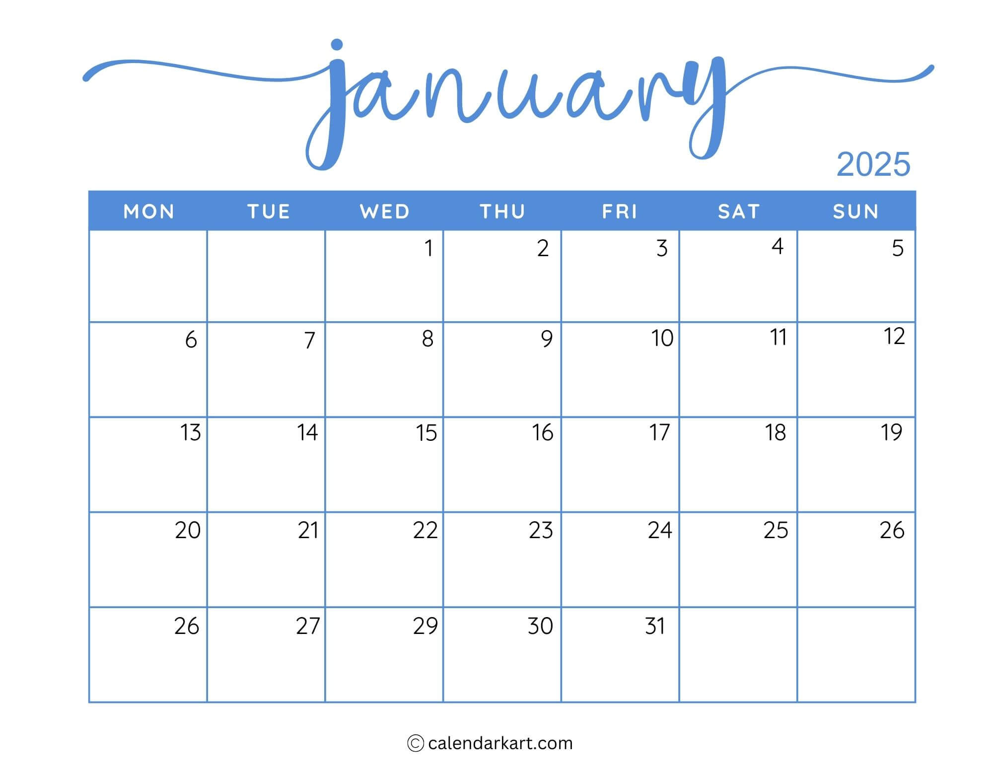 40+ Printable January 2025 Calendars | Free Pdf - Calendarkart | January 2025 Calender Printable