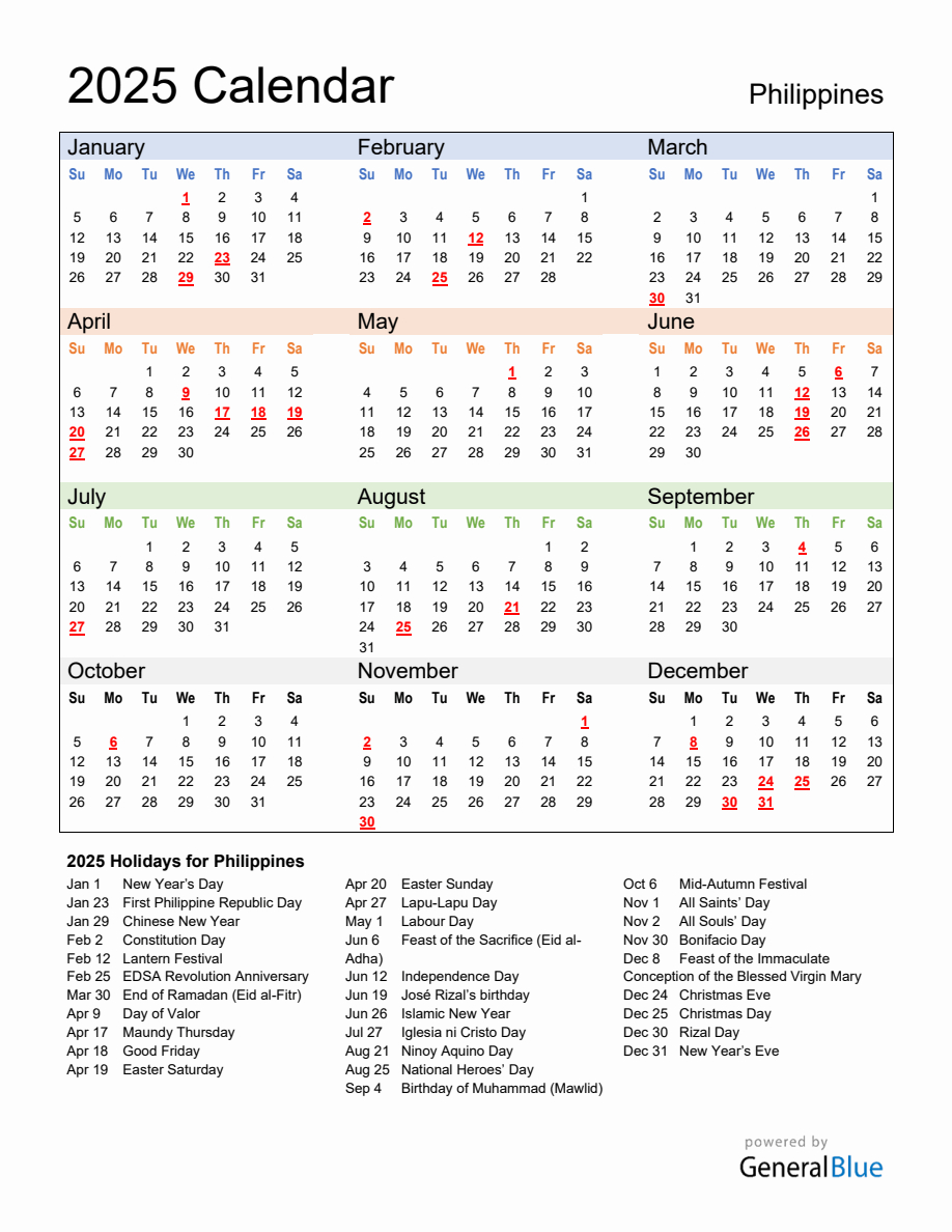 2025 Calendar Philippines with Holidays Printable Printable Calendar 2025