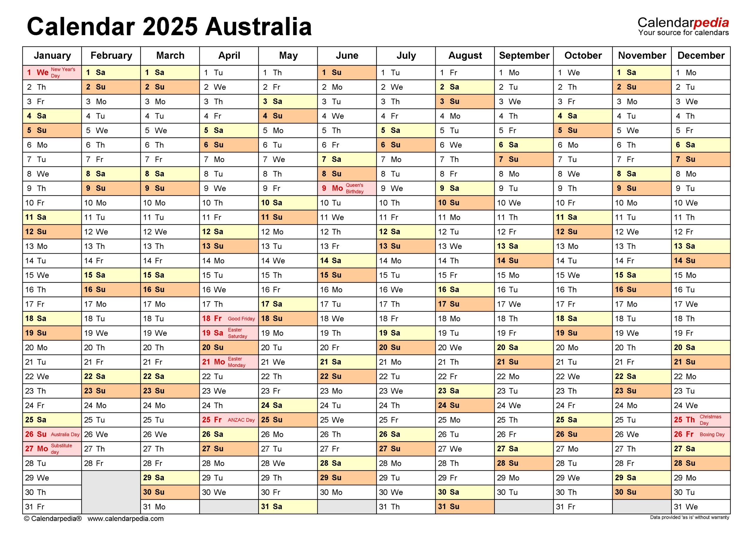 Calendar 2025 Australia Printable Printable Calendar 2025