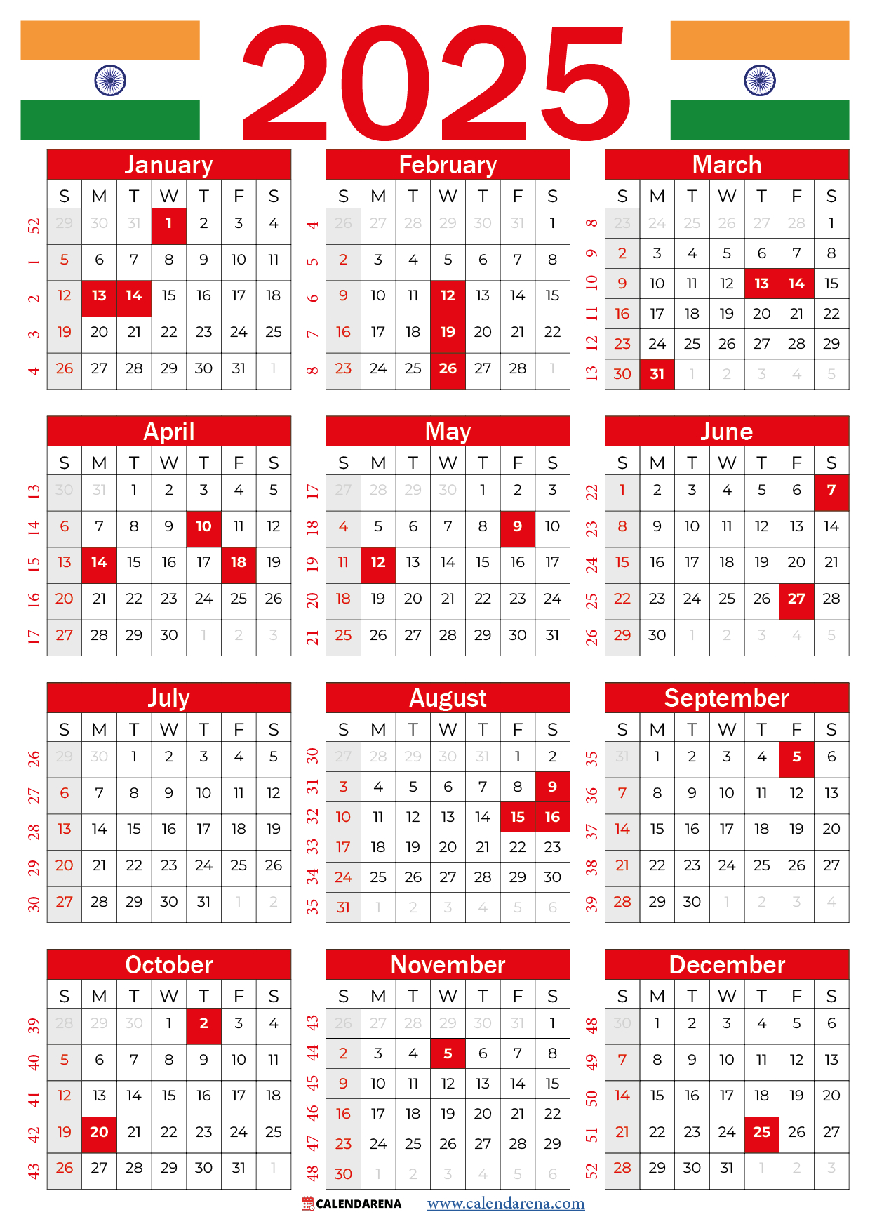 January 2025 Calendar with Indian Holidays Printable Printable