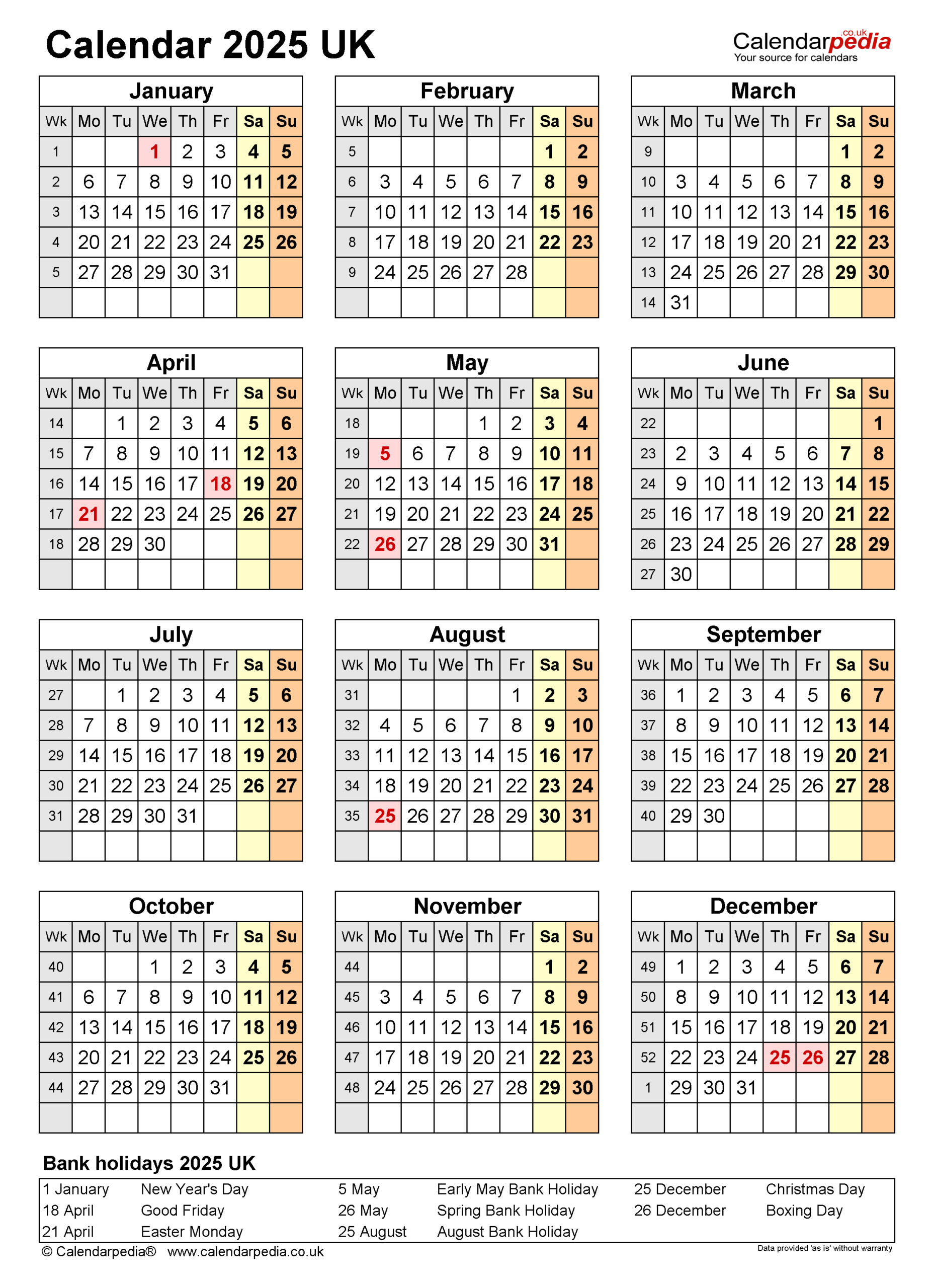 2025 Calendar UK with Bank Holidays Printable Printable Calendar 2025