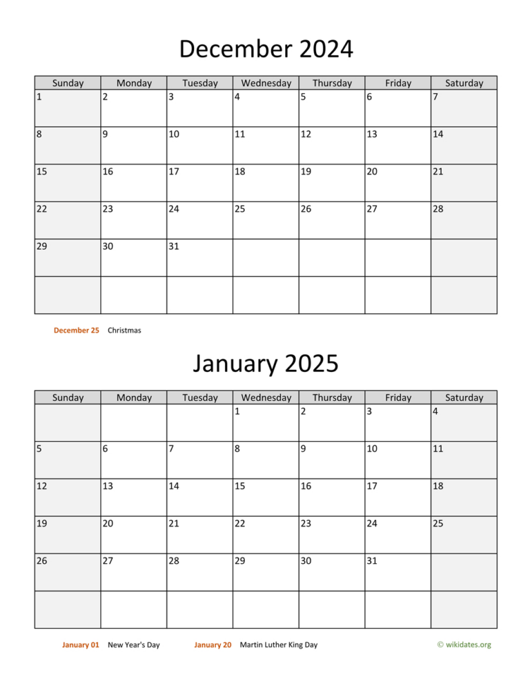 December 2024 And January 2025 Calendar | Wikidates | December Calendar 2024 and January 2025 Free Printable