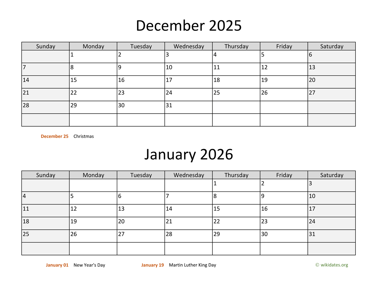 December 2025 And January 2026 Calendar | Wikidates | December 2025 And January 2025 Calendar Printable