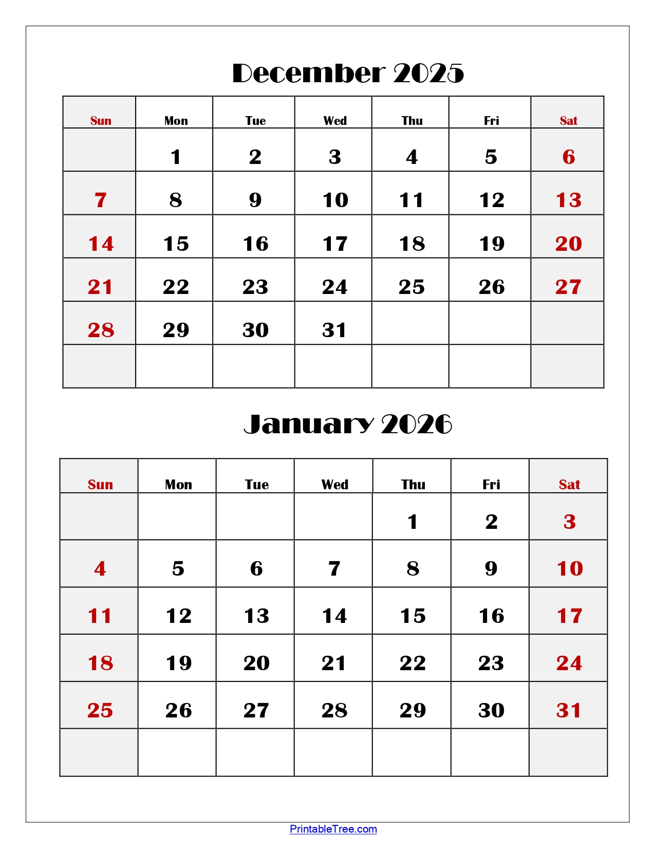 December And January 2026 Calendar Printable Pdf | Two Months Calendar | December 2025 And January 2025 Calendar Printable