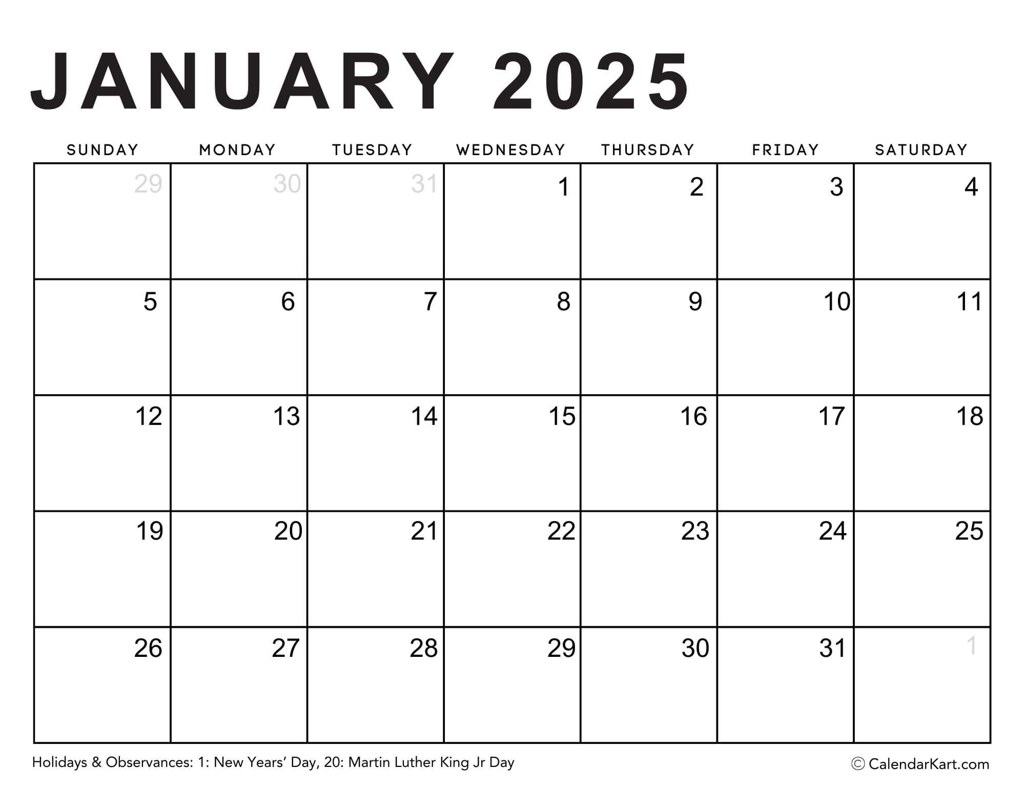 Editable Printable Calendars 2025 - Typeable Pdf - Calendarkart | January 2025 Calendar Printable Edit