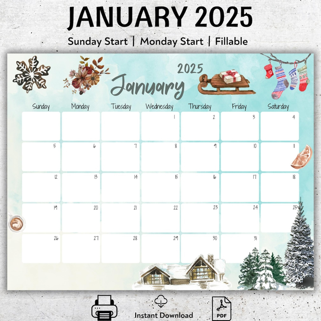 Editierbarer Kalender Januar 2025, Schöner Winter, Druckbarer Januarplaner, Befüllbarer Kalender, Verschneites Haus Und Bäume, Monatlicher | January 2025 Calendar Printable Edit