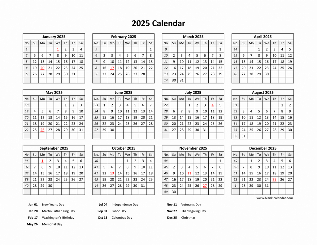 Free Download Printable Calendar 2025 With Us Federal Holidays | Printable 2025 Calendar with Holidays Usa