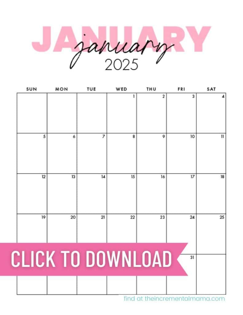 Free Printable 2025 Pink Calendar Templates - The Incremental Mama | January 2025 Calendar Printable Pink