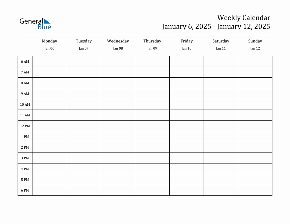 Hourly Planner Template For The Week Of January 6, 2025 | January 2025 Hourly Calendar Printable