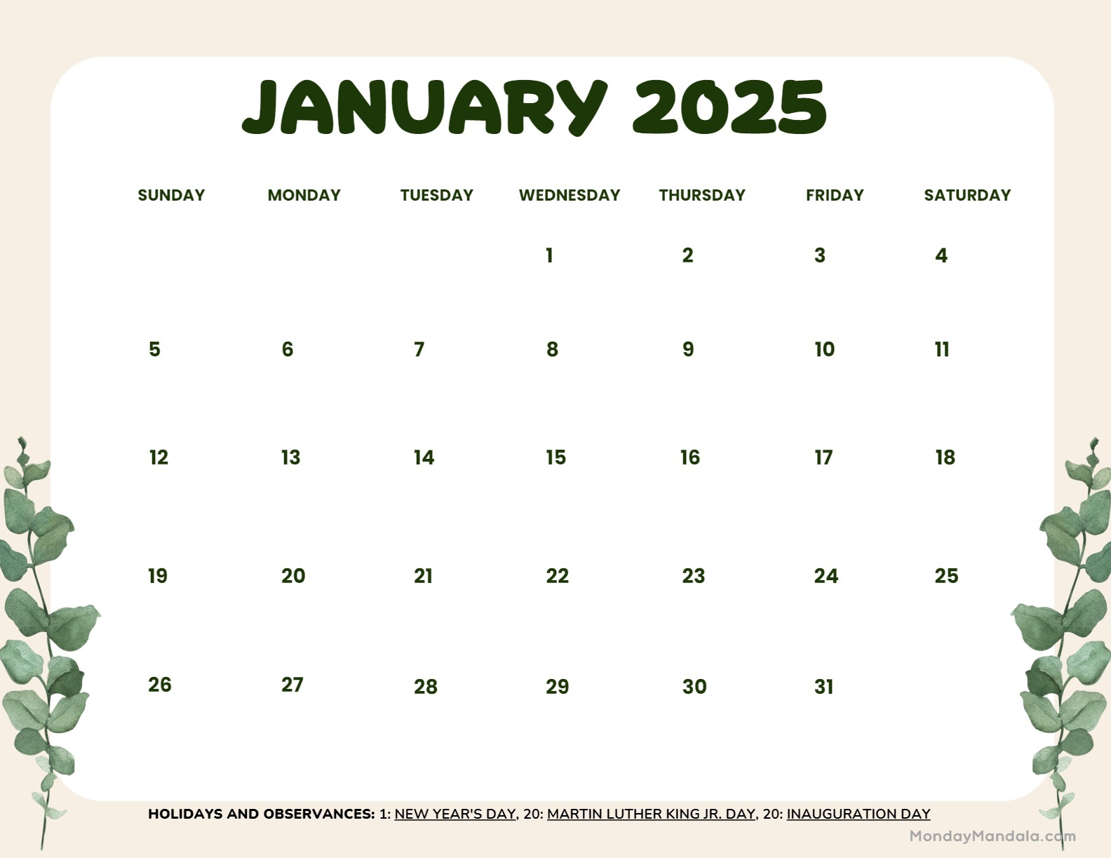 January 2025 Calendar (52 Free Pdf Printables) | Wiki Printable January 2025 Calendar