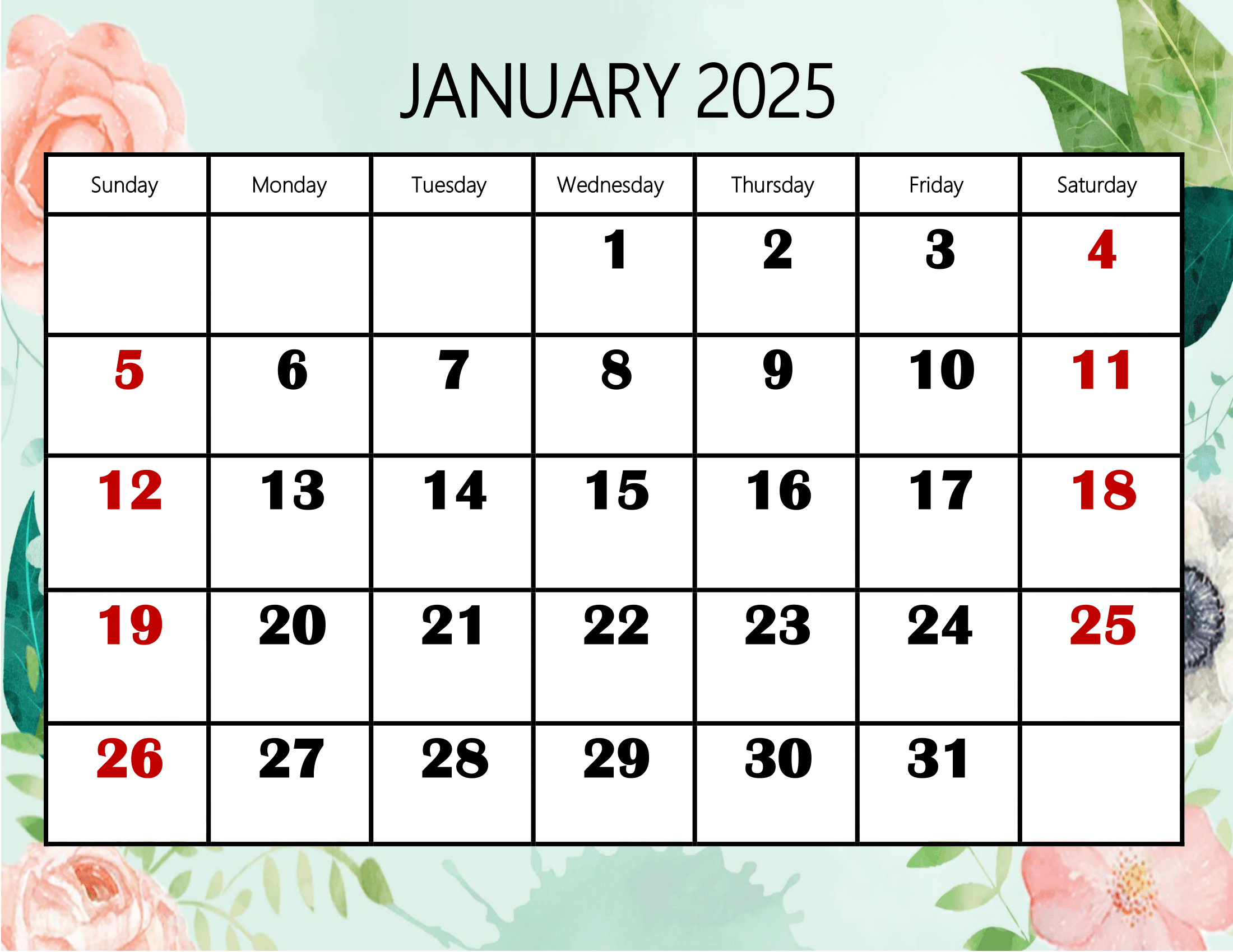 January 2025 Calendar Printable Pdf Template With Holidays | 2025 January Calendar with Holidays Printable