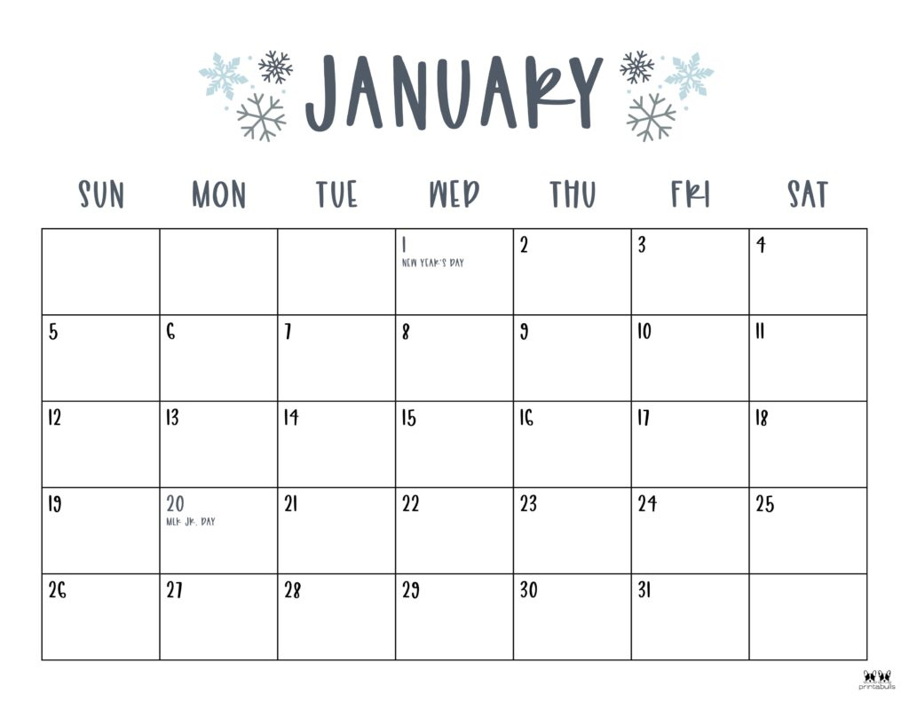 January 2025 Calendars - 107 Free Printables | Printabulls | 2025 January Calendar With Holidays Printable