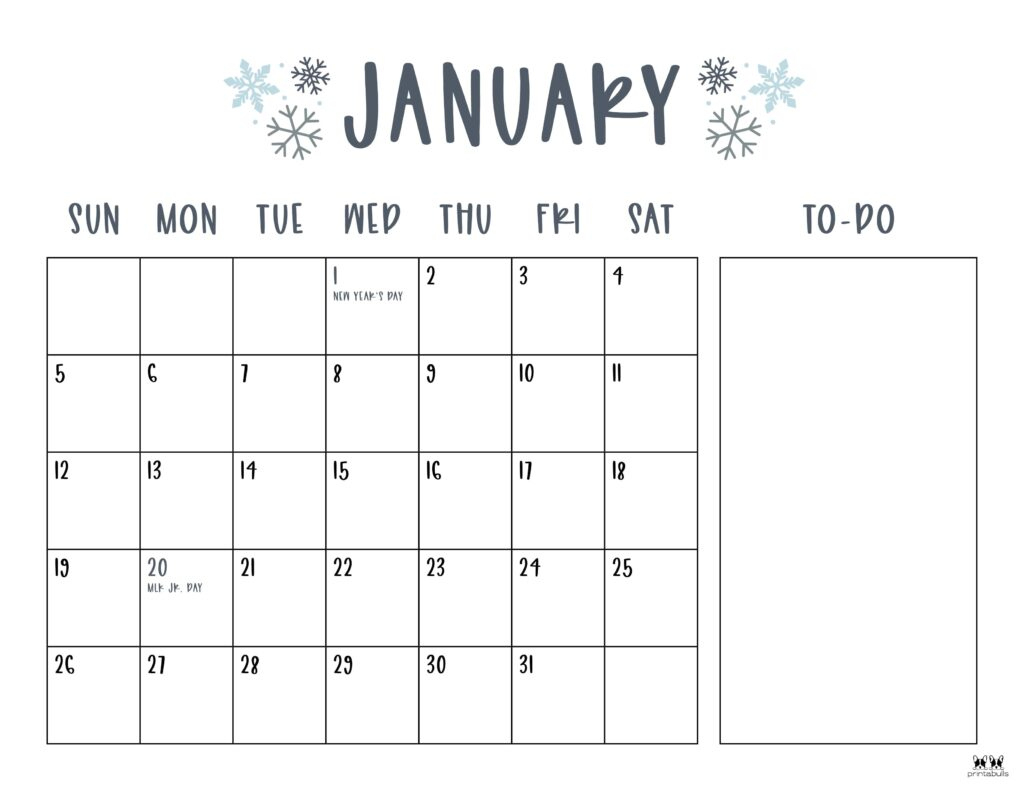 January 2025 Calendars - 107 Free Printables | Printabulls | Printable January Free January 2025 Calendar Cute